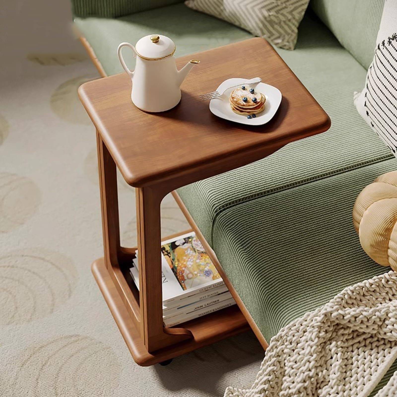AISHULEI Walnut/36x40x67 C-Shaped End Table with Rolling Wheels, TV Tray Table, Couch Table That Slide Under for Small Space, Living Room, Bedroom