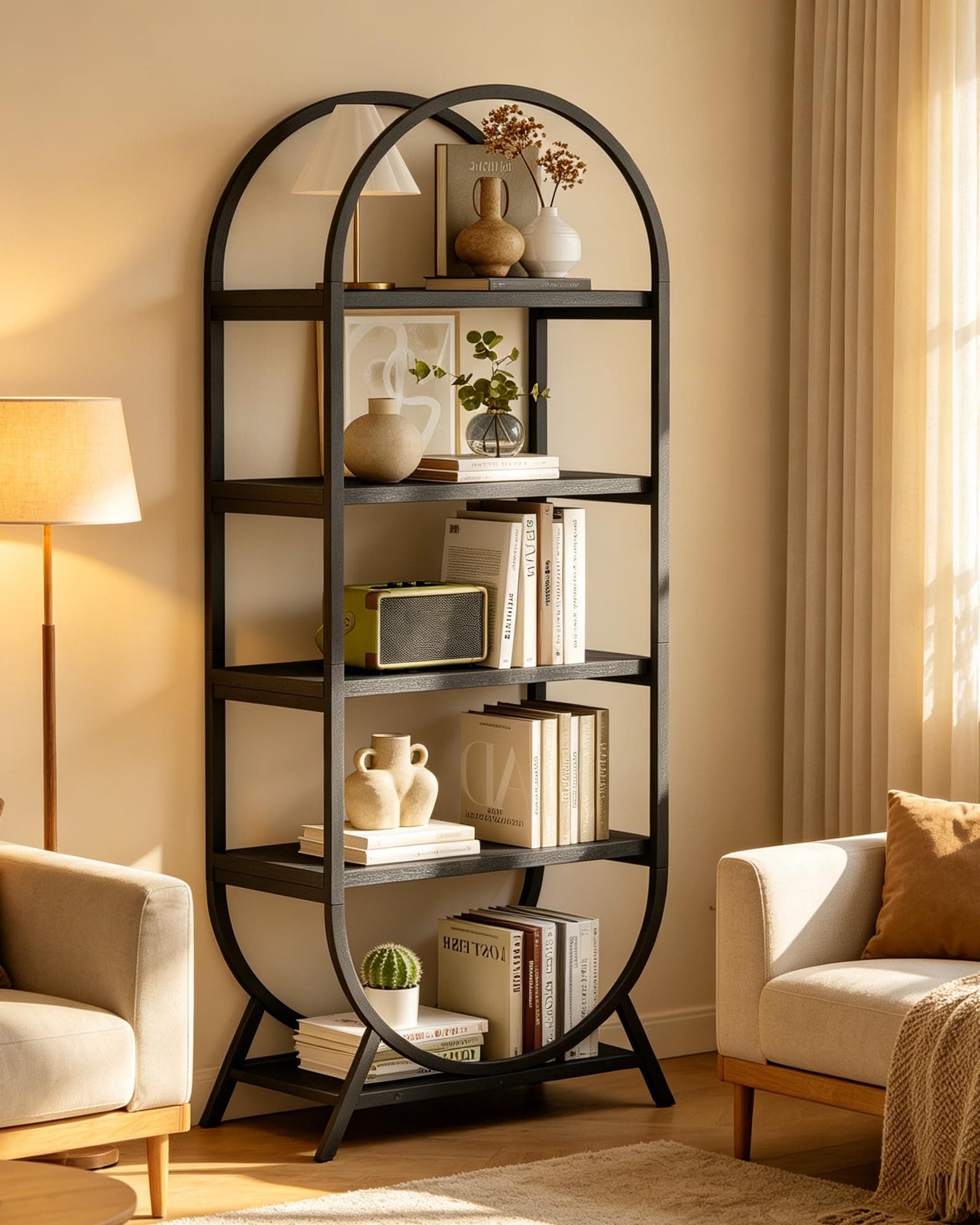 Kogven Bookshelf Arched Bookcase, Industrial 4-Tier Open Book Shelves with Metal Frame, 72" Tall Freestanding Storage and Display Rack for Office, Living Room,Black, 5 Tier Arched