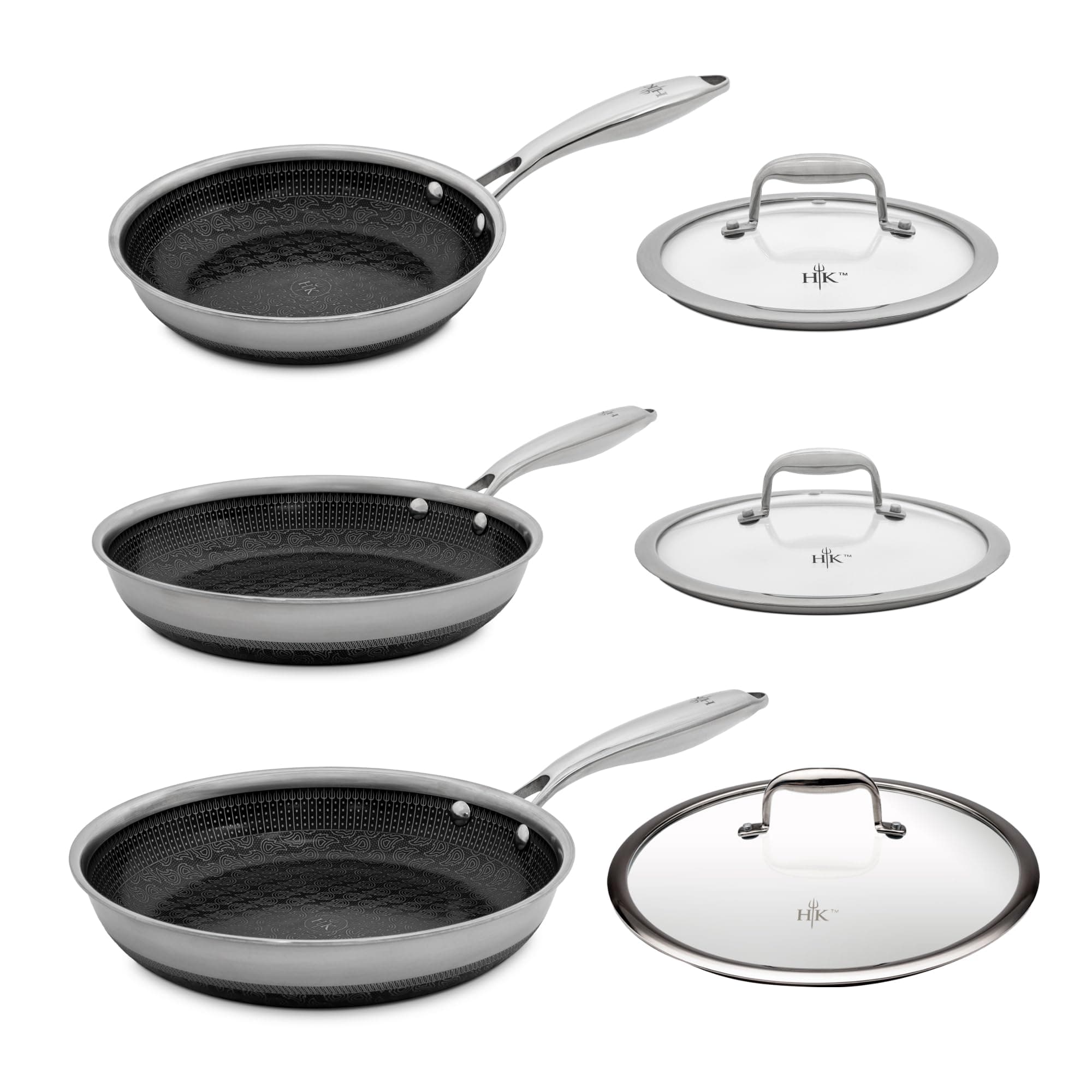 Hell's Kitchen 6-Piece Frying Pan Set, Tri-Clad Stainless Steel PFAS-Free Ceramic Nonstick Skillets with Lids, No PFOA, No PTFE, Non-Toxic, All Cooktops, Oven Safe
