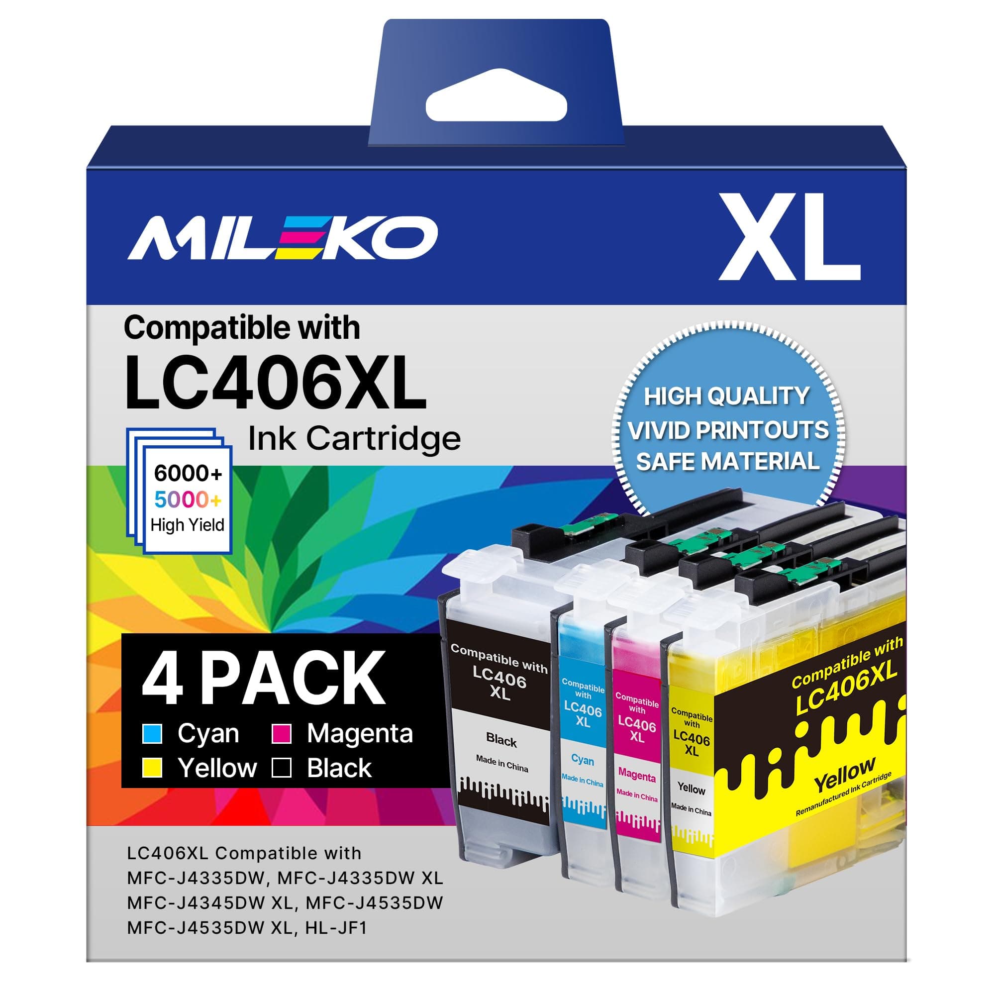 LC406 Ink Cartridges for Brother Printer Replacement for Brother LC406XL LC406 Ink Cartridges High Yield for Brother MFC-J4335DW MFC-J5855DW MFC-J6555DW MFC-J4535DW MFC-J6955DW MFC-J4345DW, 4 Pack