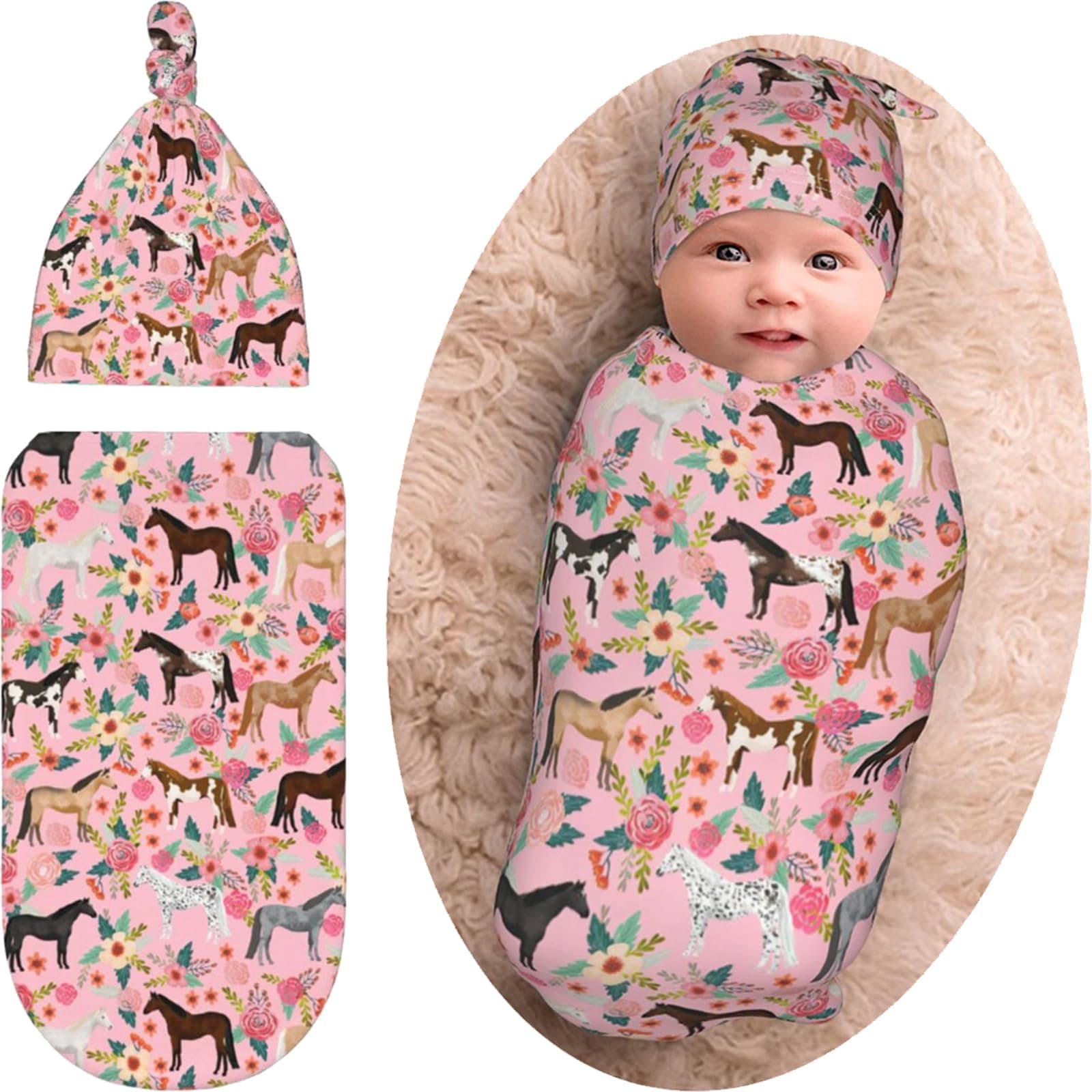 Horse Baby Stuff Gift for Girls Horse Baby Swaddle Blanket Beanie Set, Soft and Stretchy Pink Baby Blanket Newborn Swaddle Sack