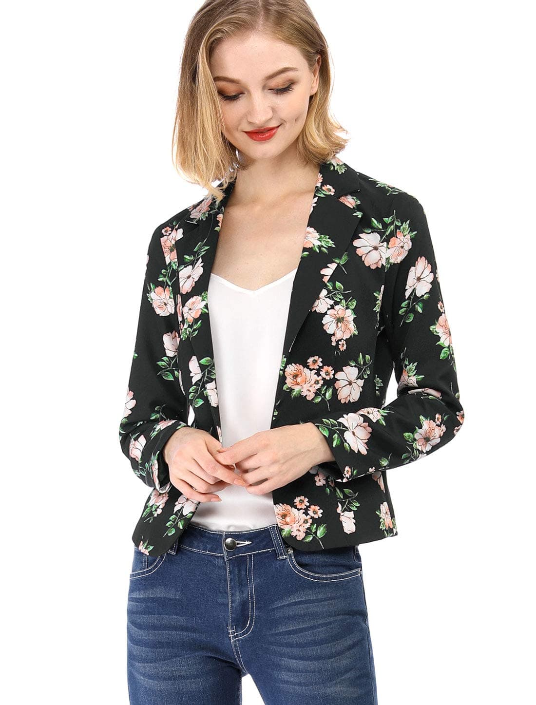 Allegra K Women's Suit Suede Blazers Notch Lapel Open-Front Allover Printed Blazers Jackets for Women Black-Floral 16