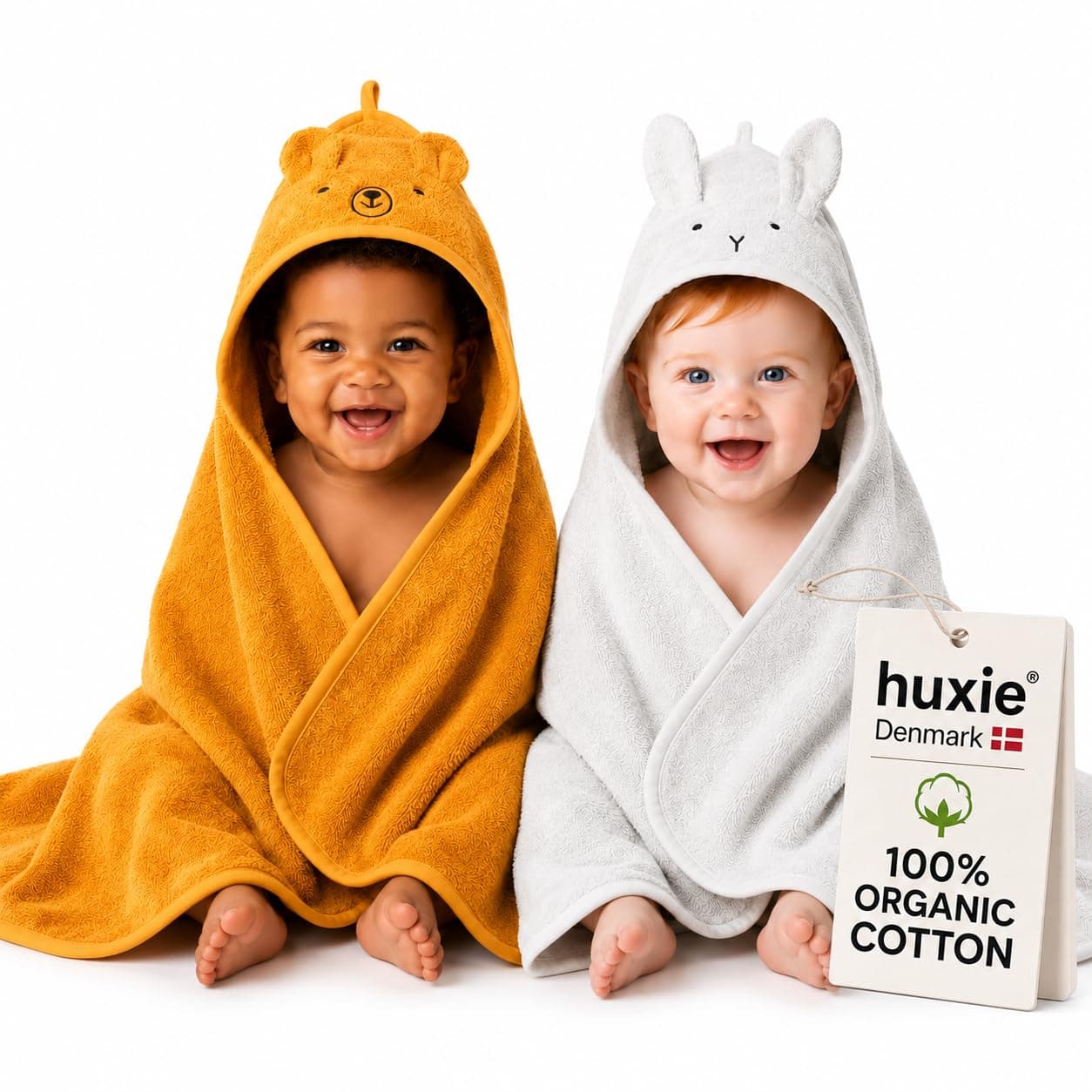 Huxie Denmark Premium Organic Cotton Baby Bath Towel – Hooded Toddler and Baby Towels for Newborn Girl and Boy – Super Soft and Absorbent, 32 x 32-2-Pack (Rabbit Pearl Grey/Bear Autumn Yellow)