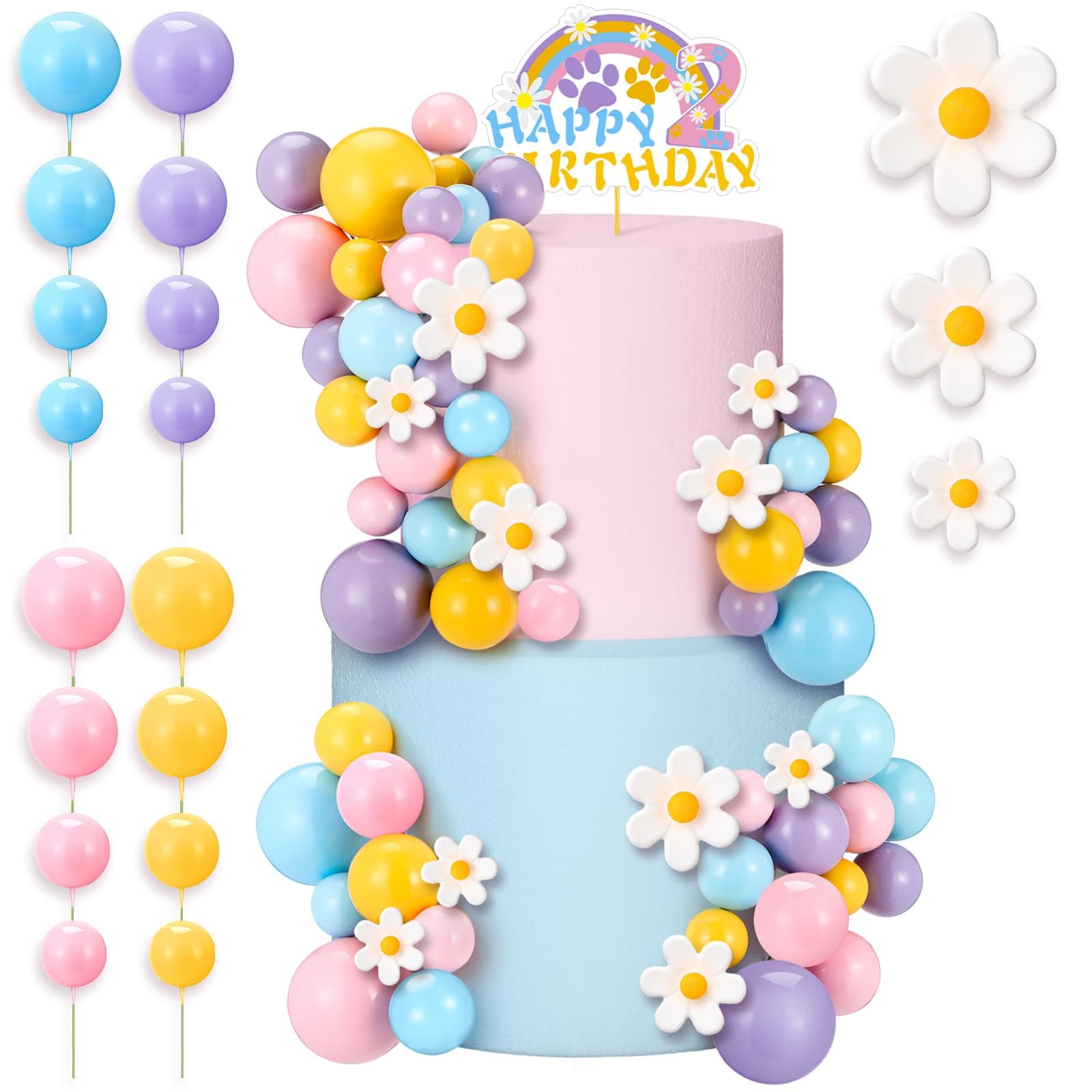 Threehoney 63 Pcs Blue Dog Cake Toppers with Balls Cake Picks and Daisy Flowers for Birthday Decoration Groovy Pastel Cupcake Inserts Hippie Wedding Party Supplies(Happy Birthday 2th)