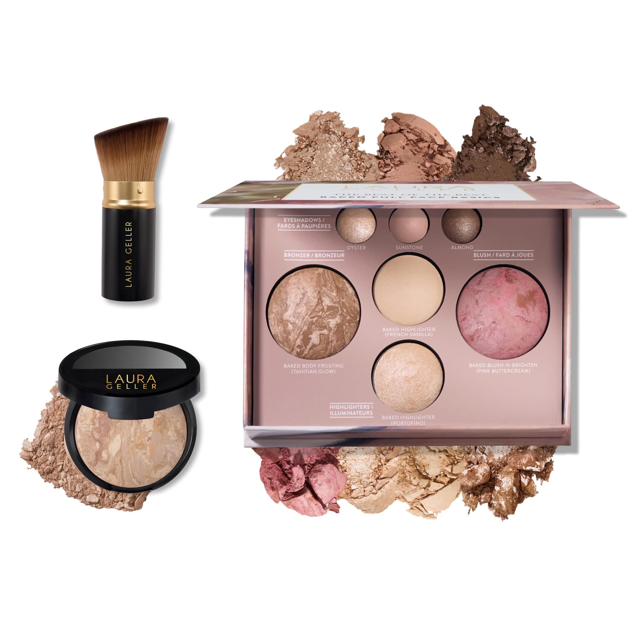LAURA GELLER Baked Starter Kit: Balance-n-Brighten Powder Foundation, Fair + The Best of The Best Palette + Retractable Angled Kabuki Brush Set