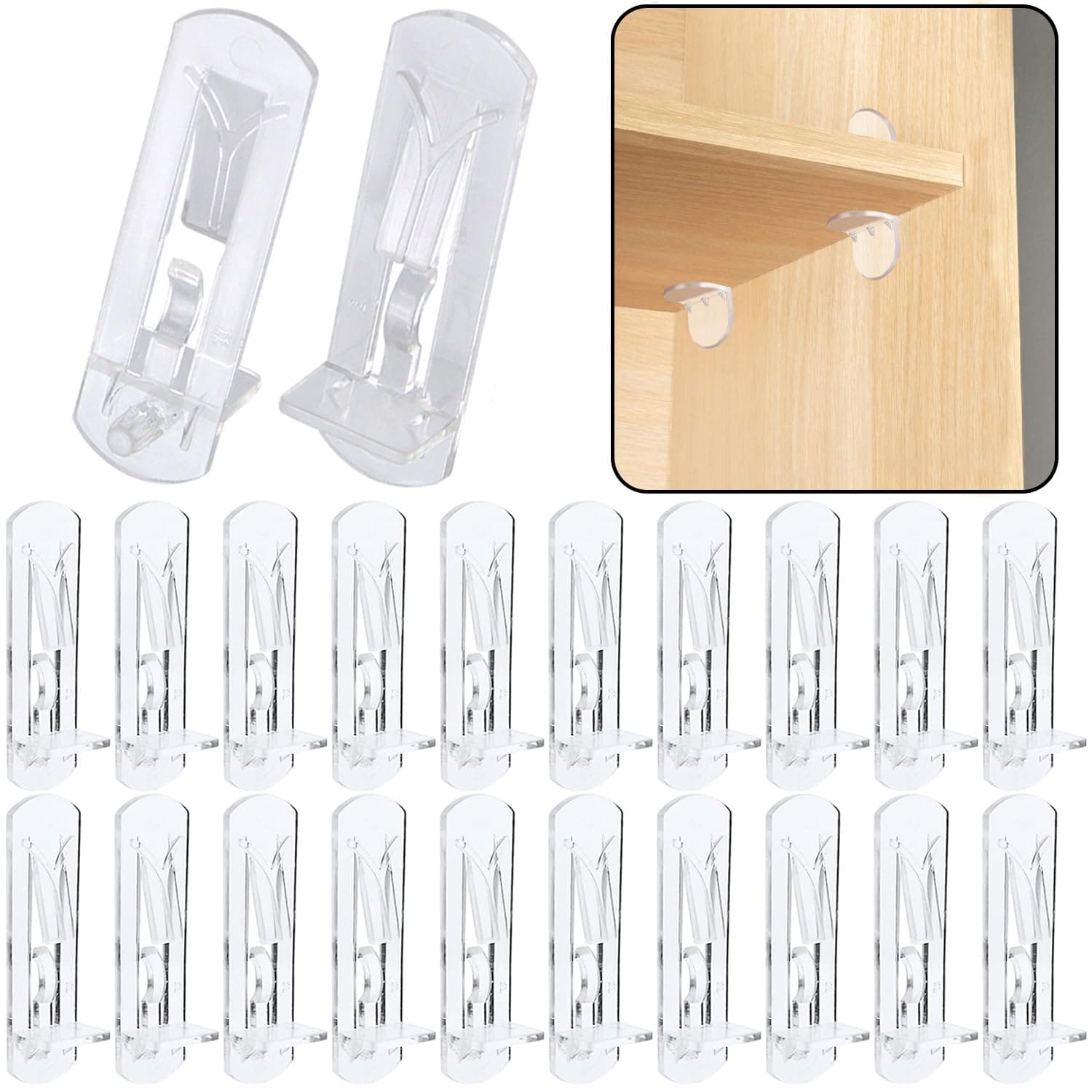 20pcs Plastic Locking Shelf Support Pegs,5mm Shelf Pins,Self-Locking Bracket Clips,Clear Shelf Pegs for for Kitchen Cabinet Furniture Book Shelves, 5mm Peg x 5/8" Thick Shelves