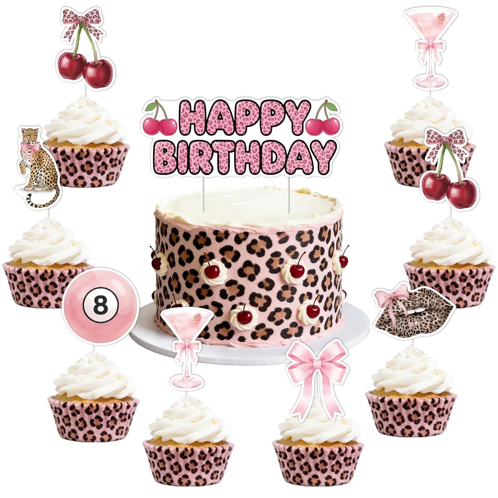 Felivid Pink Cheetah and Cherry Happy Birthday Cake Topper Set, 25pcs Double-Sided Leopard Cupcake Toppers for Girly Birthday Decorations, Girls Night, Galentine’s Day and Pink Party Table Décor