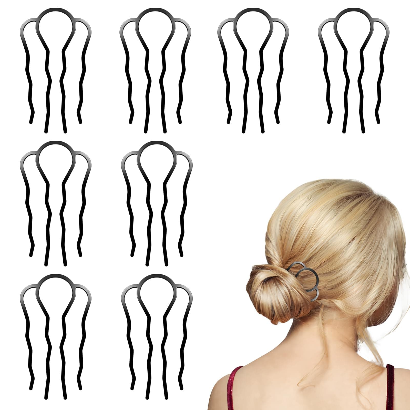 Metal Hair Side Combs Set, Hair Fork Clip Hair Pins for Buns U Shape Hair Combs for Vintage Hairstyle Women Hair Styling Tool (8 Pcs Black)