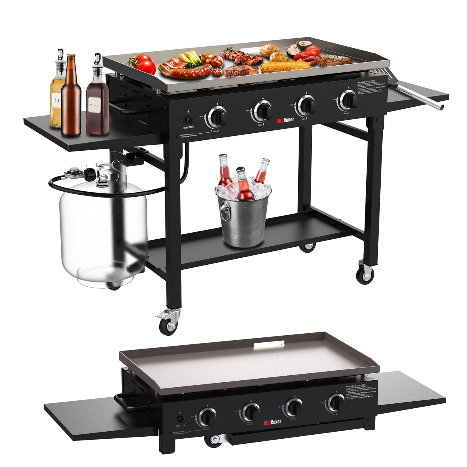 BBQCuker 4-Burner Propane Gas Griddle, 60,000 BTU Flat Top Grill with Removable Side Tables, Bottom Tray and Foldable Legs, 766 sq. in. Cooking Area, Portable Outdoor Griddle for Camping, BBQ (BLACK)