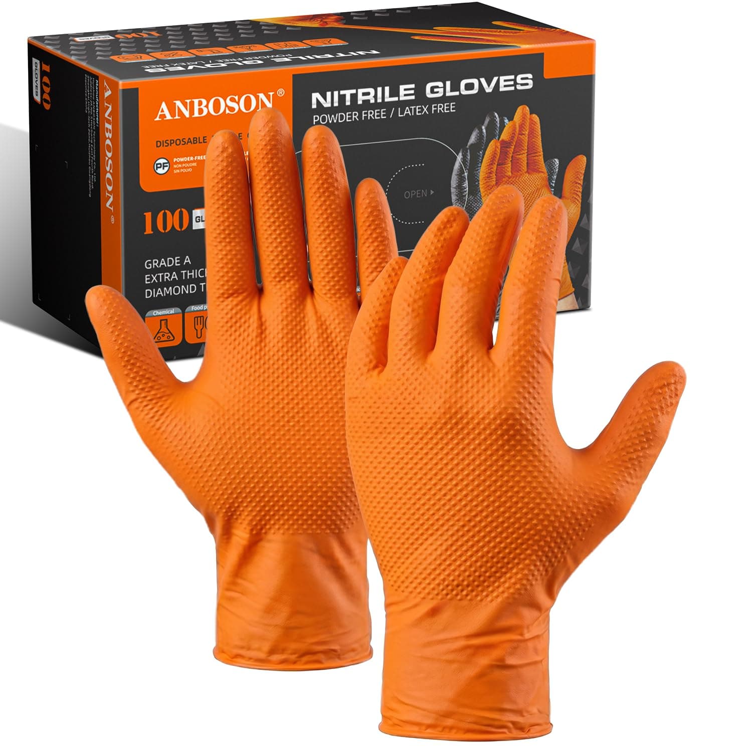 10Mil Nitrile Gloves Heavy Duty Chemical-Resistan Disposable Latex Free Thick Rubber Gloves with Diamond Grip for Mechanic Work,Cooking,Cleaning,Food Safe-Powder Free(Orange,XLarge,100)