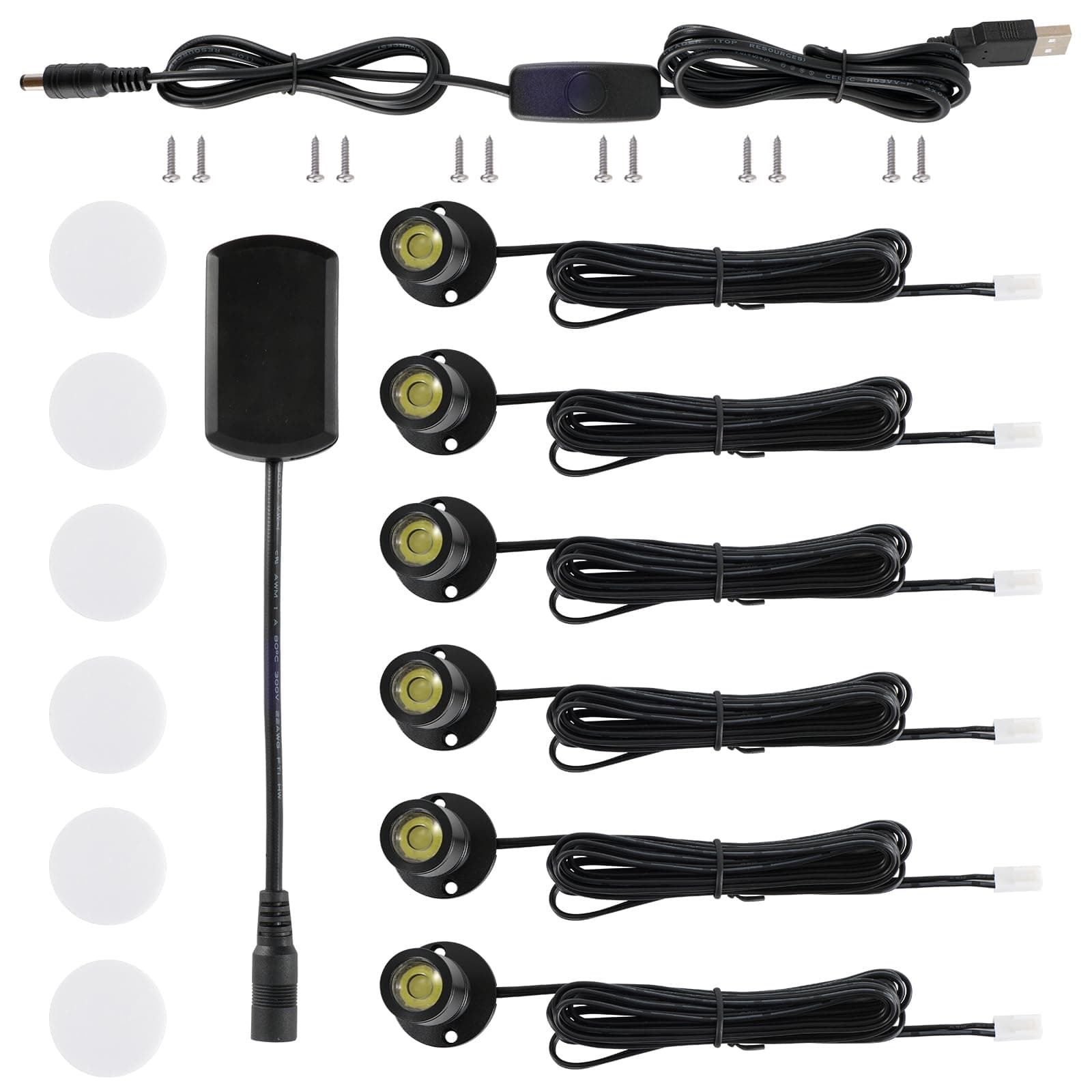 DEDC 6pcs Mini LED Spot Lights, 1W 5V 6000K Under Cabinet Lights, Mini Spotlights for Displays with Dimmer (Cool White-Pushbutton Switches-USB Plug)