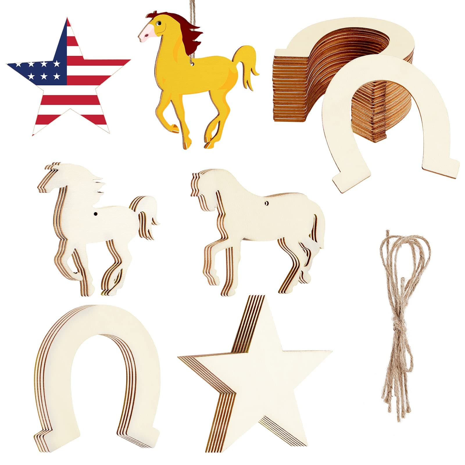 36 Pieces Unfinished Wooden Horse Cutouts Wood Discs Slices Horse Horseshoes Star Animal Shaped with Rope for Home DIY Handicraft Birthday Party