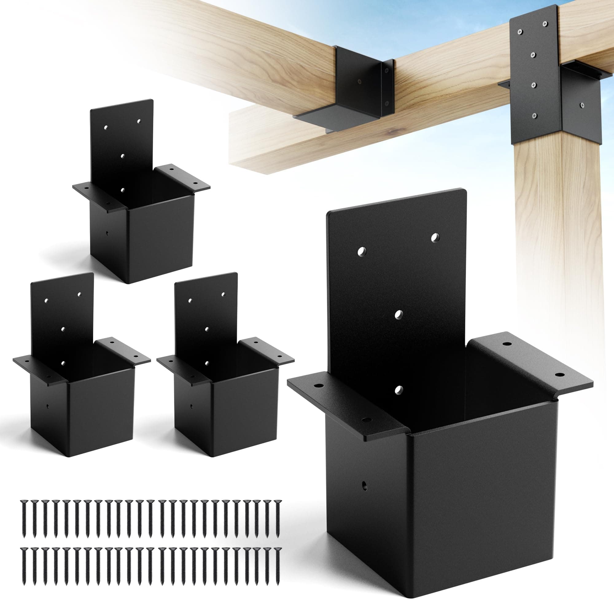 2 Pcs Post Caps Tie Bracket for 4“x 4", 14 Gauge Pergola Rroof Brackets, Steel Mounting Joist Hanger Brackets Post Anchor Connector, Truss Hangers for Roof Supporting Beam Pergola Deck Railing Black