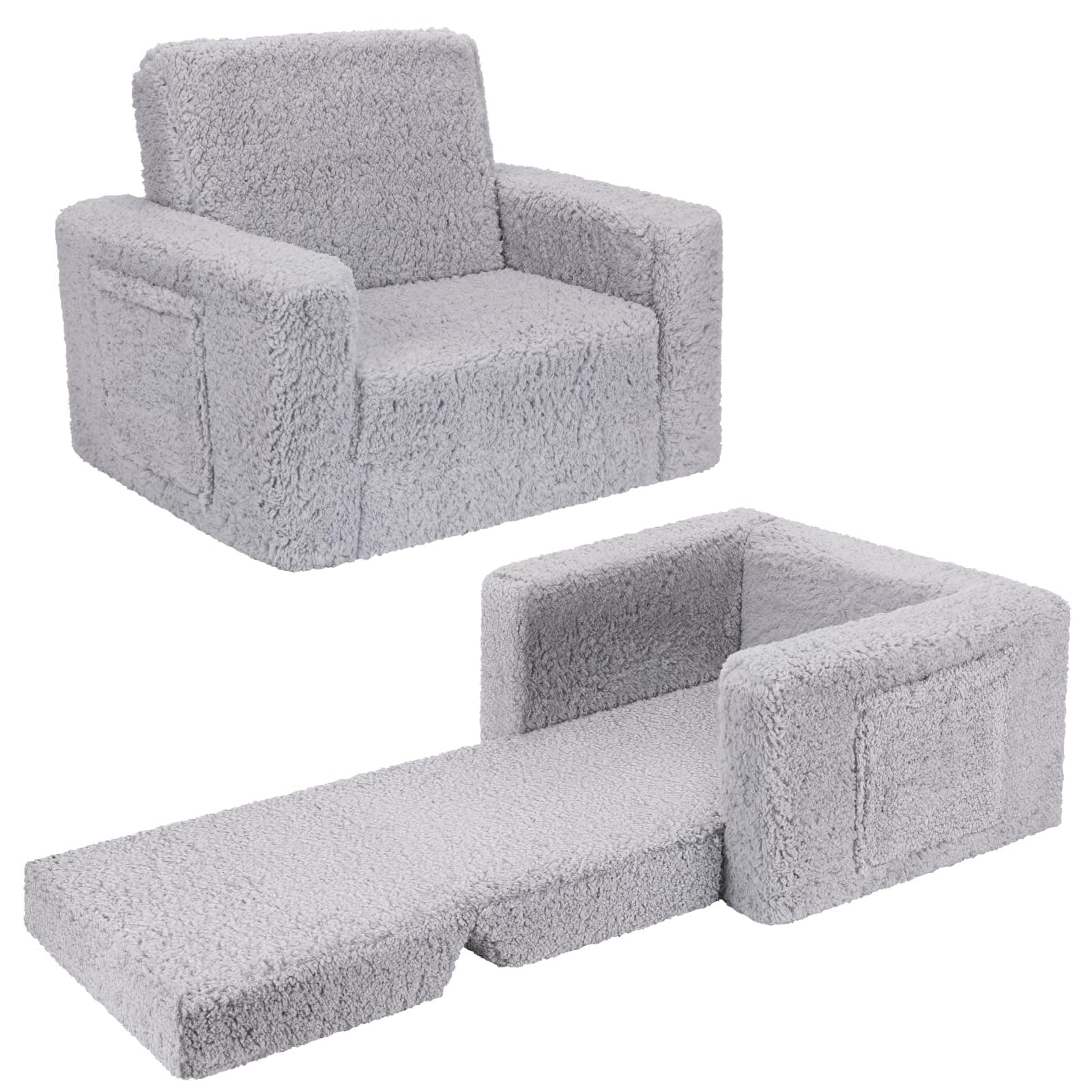 SLIGUY Toddler Couch, Kids Sofa Convertible to Lounger Pull Out Chair With Sherpa Cover - Dark Grey