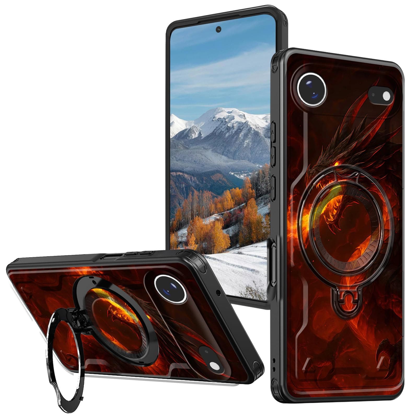 BVCLKJPOI Heavy Duty Case for iPhone Air, Dual-Layer Rugged Protective Cover with 360° Rotating Ring Kickstand, Military-Grade Shockproof Full Body Case for iPhone 17 Air 6.5 Inch, Fierce Fire Dragon
