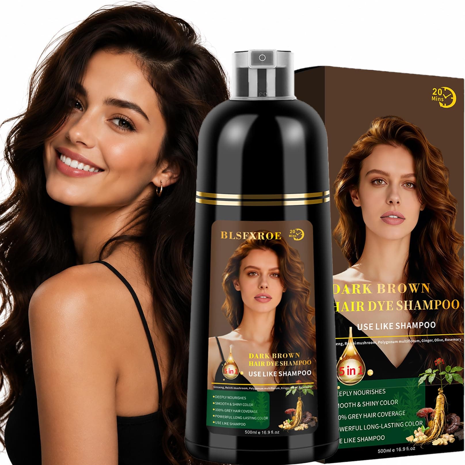 JELMOK 500ML Dark Brown Hair Dye Shampoo 5-in-1,Color Shampoo for Grey Hair