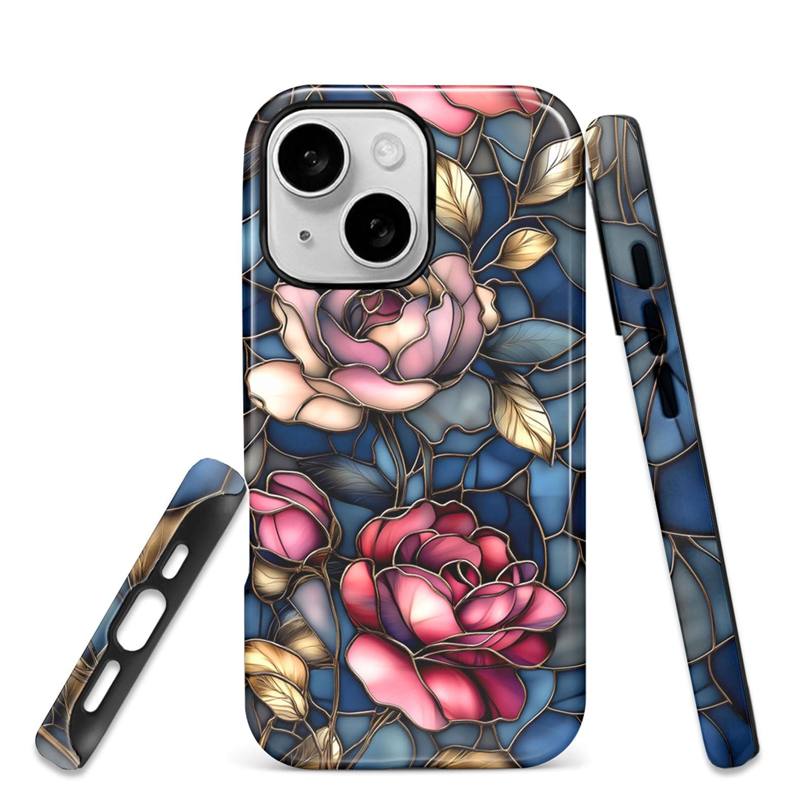 Toulas Case for iPhone 13/14,Scratch Resistant Hybrid Double Layer Hard Shell,Stained Glass Golden Leaf Pink Flowers Pattern Design
