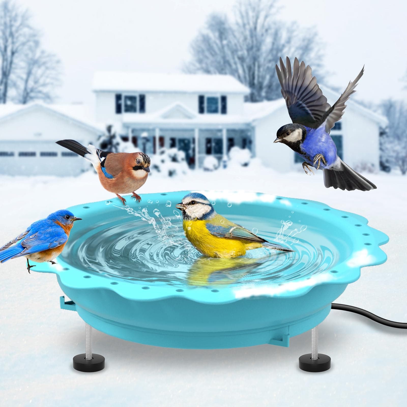 Jvgoo Heated Bird Bath for Outside Winter, Powerful 100W Thermostat Control Heated Bird Baths for Outdoors with 3 Metal Extension Screws, Heated Birdbath Water Heater for Garden Yard Patio (Blue)