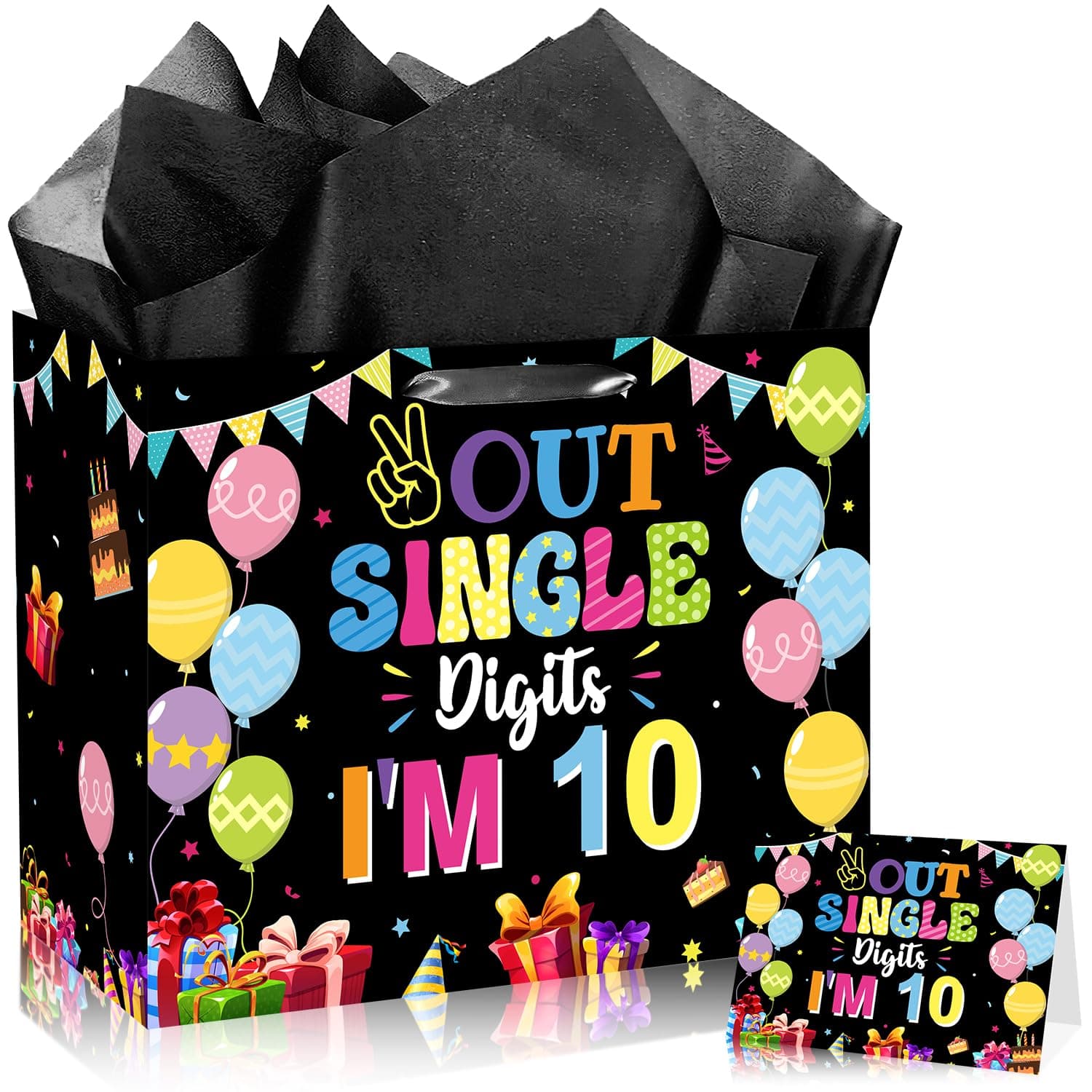 JORHANCE Peace Out Single Digits Im 10 Gift Bags with Birthday Card - Peace Out Single Digits I'm 10 Design, Includes 10th Birthday Card, Tissue Paper