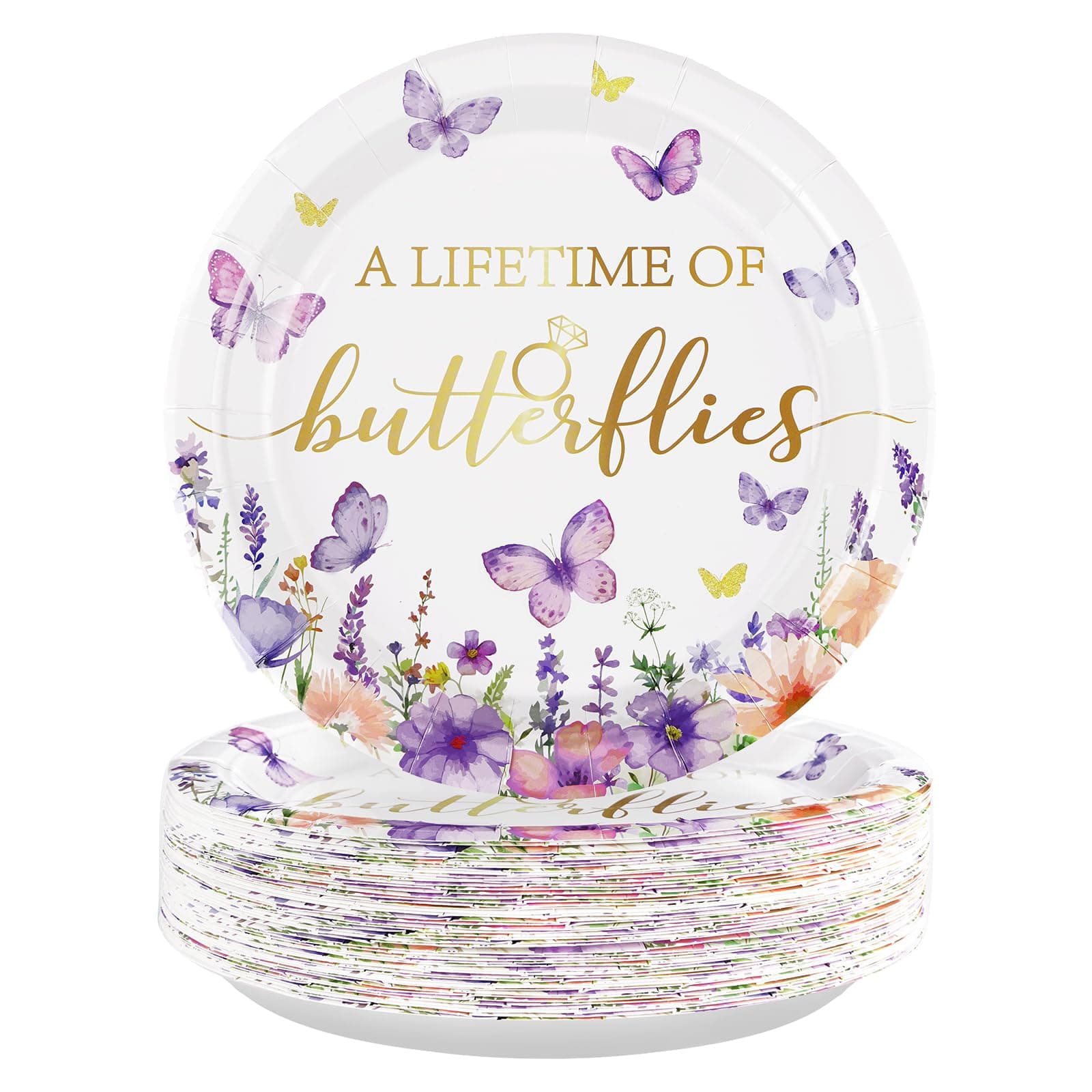 50Pcs Butterfly Bridal Shower Party Supplies Butterfly Paper Plates 9" Disposable Spring Watercolor Floral Dessert Platters A Lifetime of Butterflies Party Decorations for Wedding Engagement Party