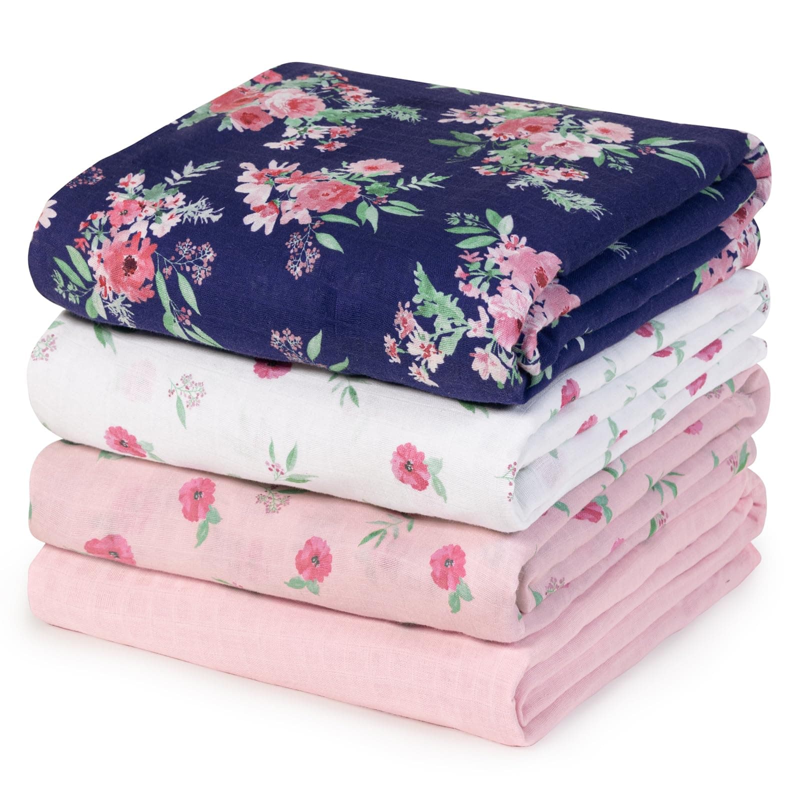 david's kids 4 Pack Baby Muslin Swaddle Blankets, 100% Cotton Swaddling Blankets Wrap for Girls, Ultra Soft Breathable Receiving Blanket, New Born Essentials, Floral Flowers/Pink