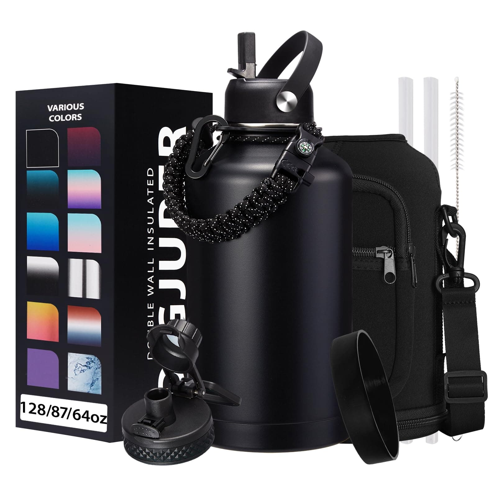 DIGJUPER Insulated Water Bottle 64oz - w/Paracord Handle, Straw & Spout Lids, Carrier Bag, Half Gallon Sport Stainless Steel Water Flask Jug, Thermo Mug Triple-wall Vacuum Insulated Water Bottle