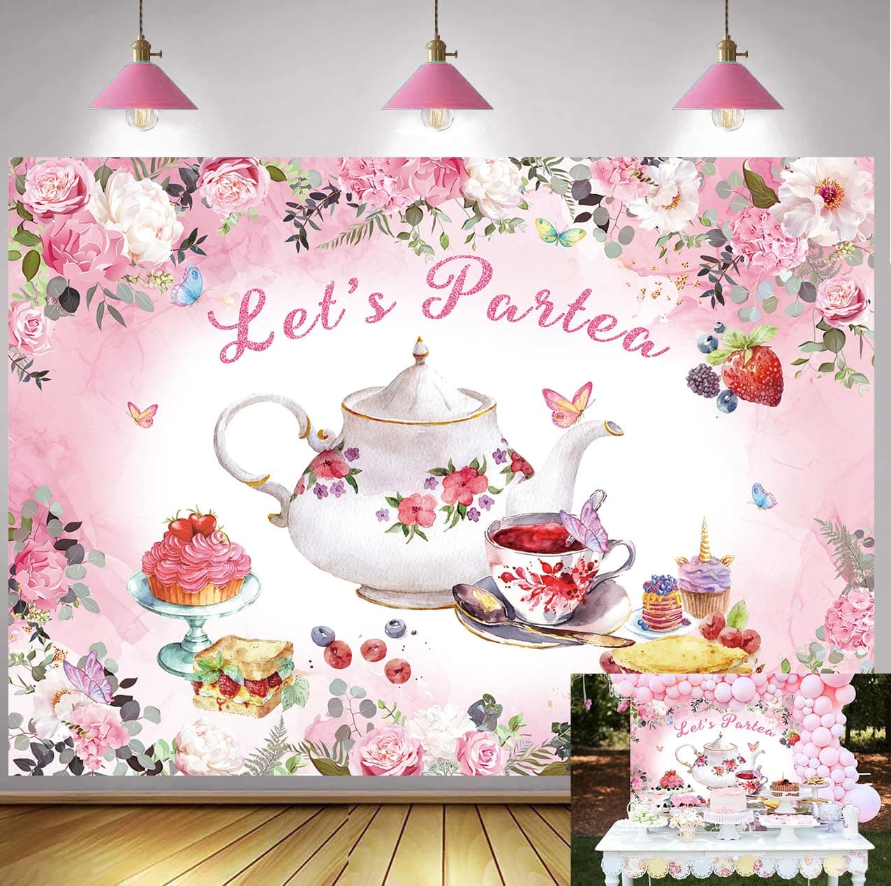 Let's Partea Tea Backdrop Pink Floral Tea Party Photography Background for Birthday Baby Shower Party Decoration Supplies (7x5FT (2.1 x 1.5m))