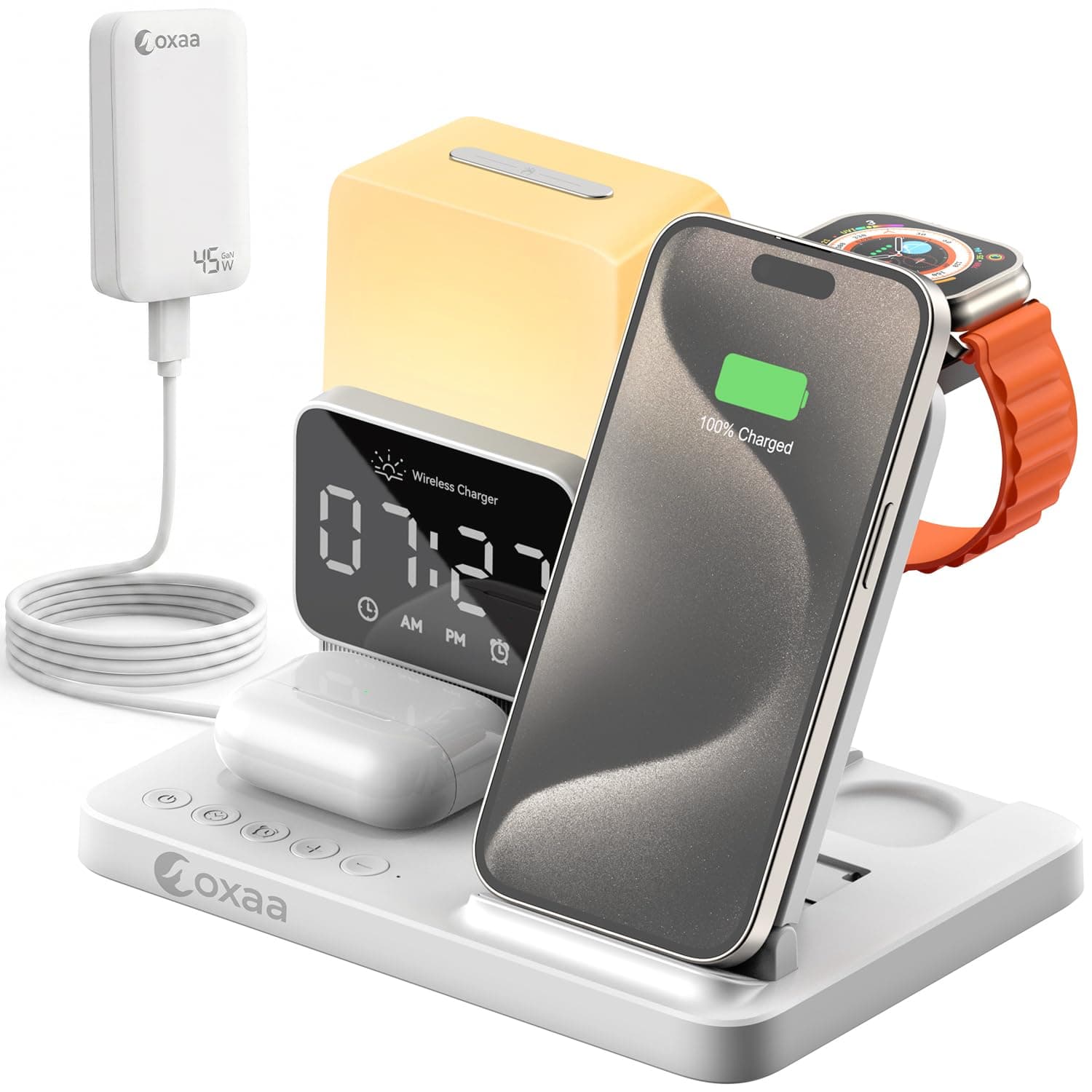 Oxaa 6-in-1 Wireless Charging Station for iPhone 17/16/15/14/13/12, Apple Watch Ultra 2/Ultra/9/8/7/SE, AirPods Pro/3/2, 15W Qi-Enabled Charger with Alarm Clock, Dimmable Night Light, 45W Adapter
