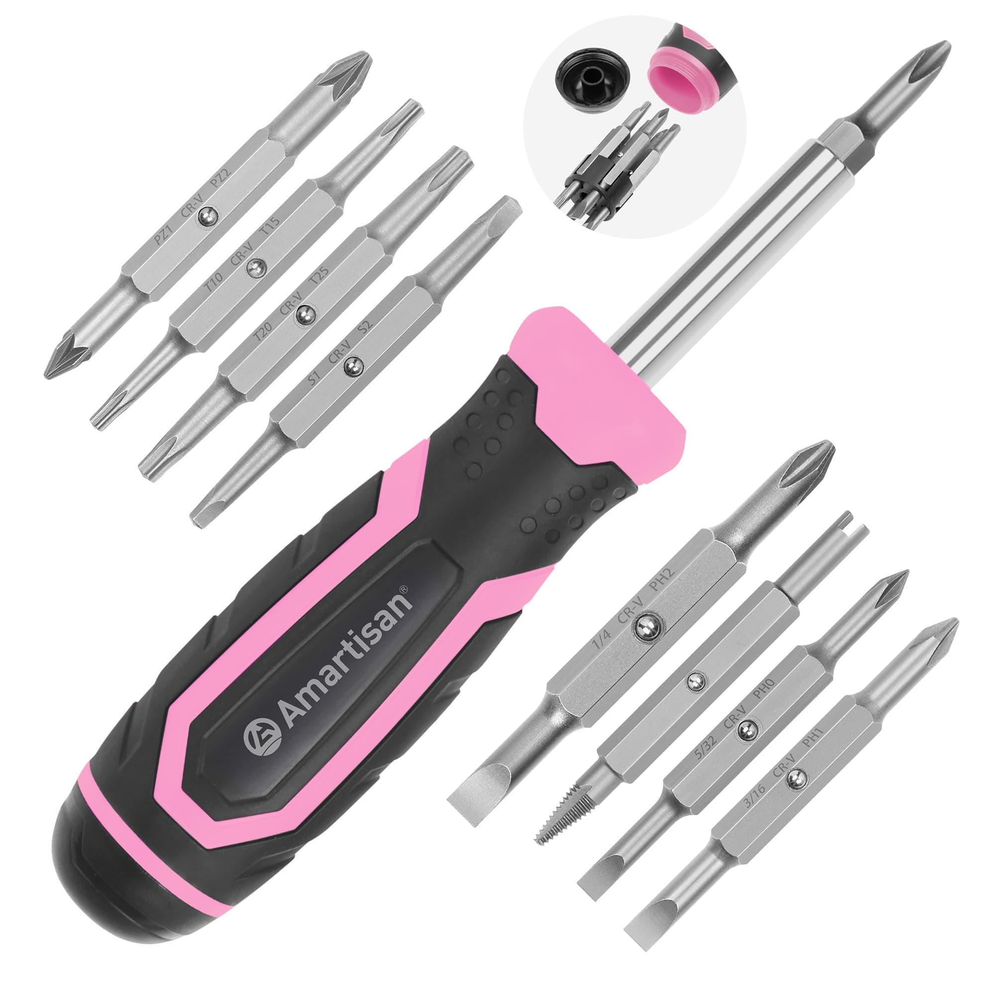 Amartisan 18-in-1 Multi-bit Screwdriver Set Tool All in One, Portable Multi-Purpose Screwdriver, Slotted/Philips/Pozi/Torx/Square,Nut Driver (Pink)