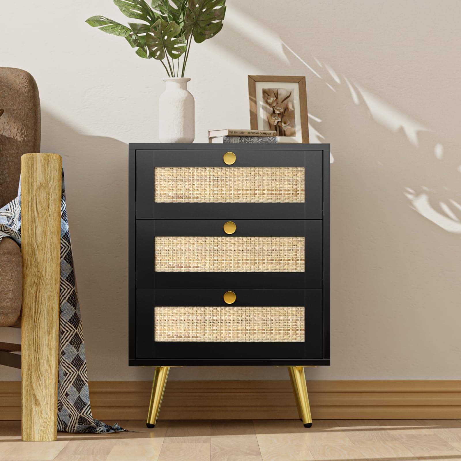 Anmytek Nightstand with 3 Drawers, Mid Century Modern Night Stand, Rattan Boho Side Table, Bedside Table Accent Sofa End Table for Bedroom, Sofa End, Hallway, Black