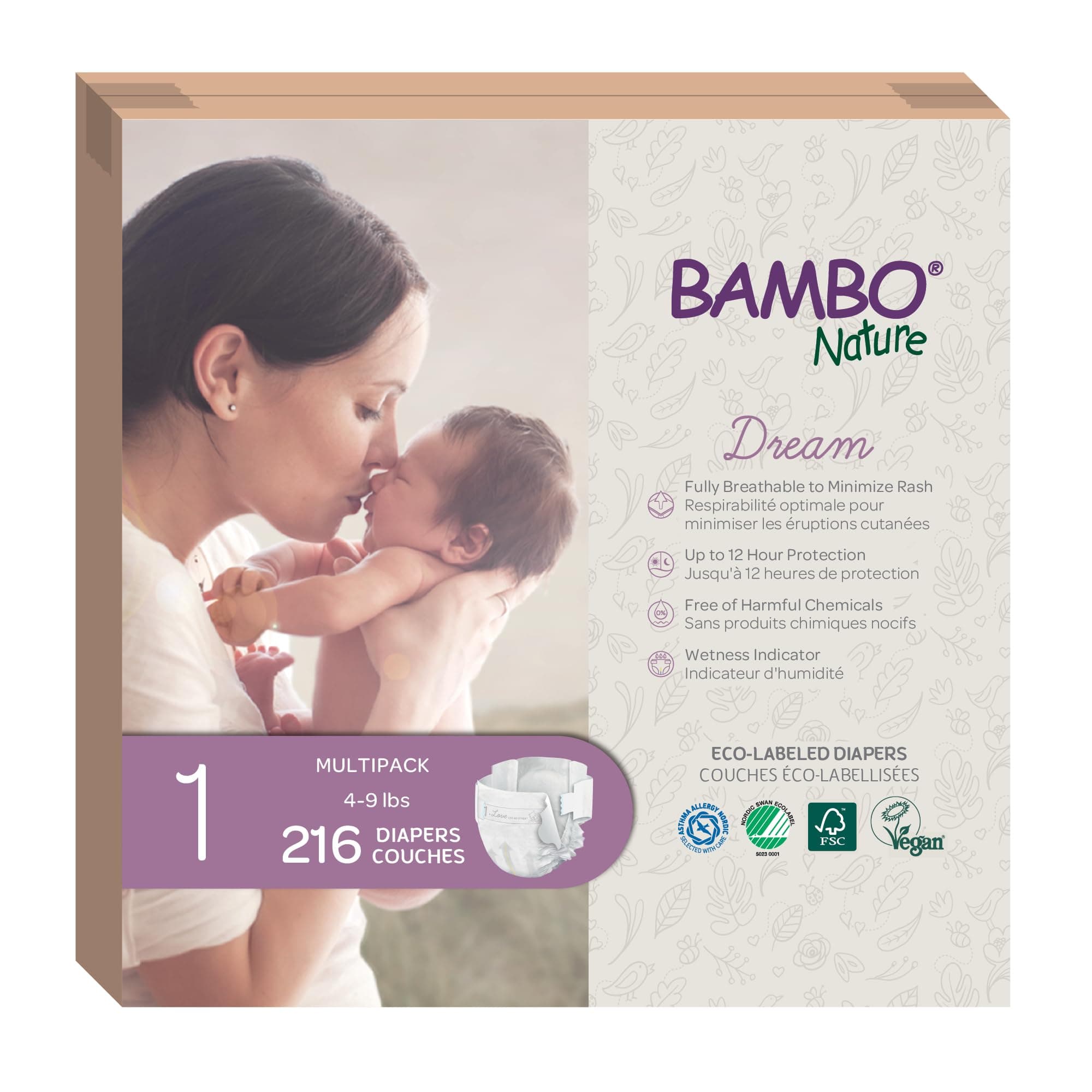 Bambo Nature Premium Baby Diapers (SIZES 0 TO 6 AVAILABLE), Size 1, 216 Count