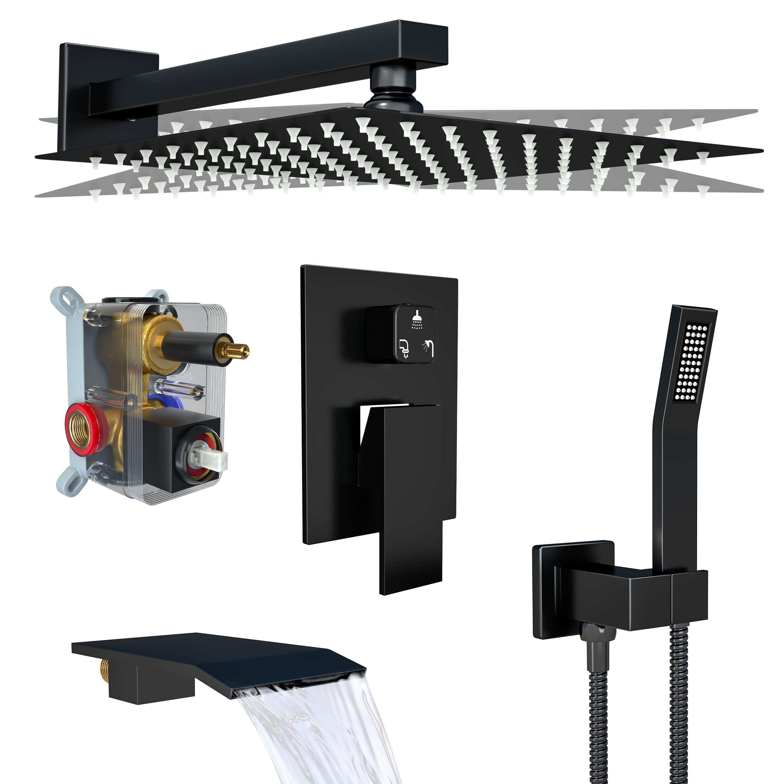 Rain Shower System High Pressure Shower Head 12 inch with Tub Spout,Wall Mounted Waterfall Bathroom Shower Faucet Sets Complete with Handheld Spray,Shower Valve and Trim kit,Matt Black