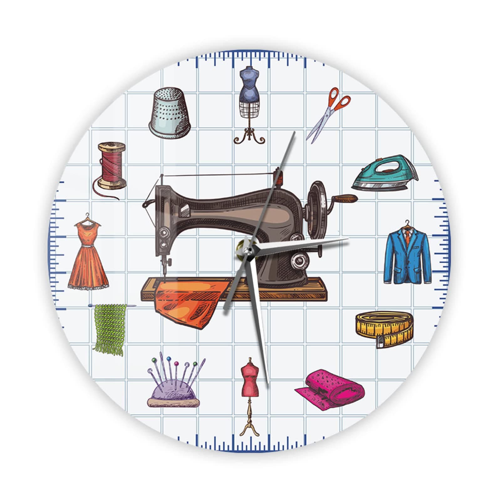 OTKU 30cm Wall Art Print Wall Clock Sewing Accessories Vintage Wall Clock for Tailor Shop Craft Room Seamstress Quilting Artwork Decorative Wall Watch Toddler Gifts for Modern Wall Decor