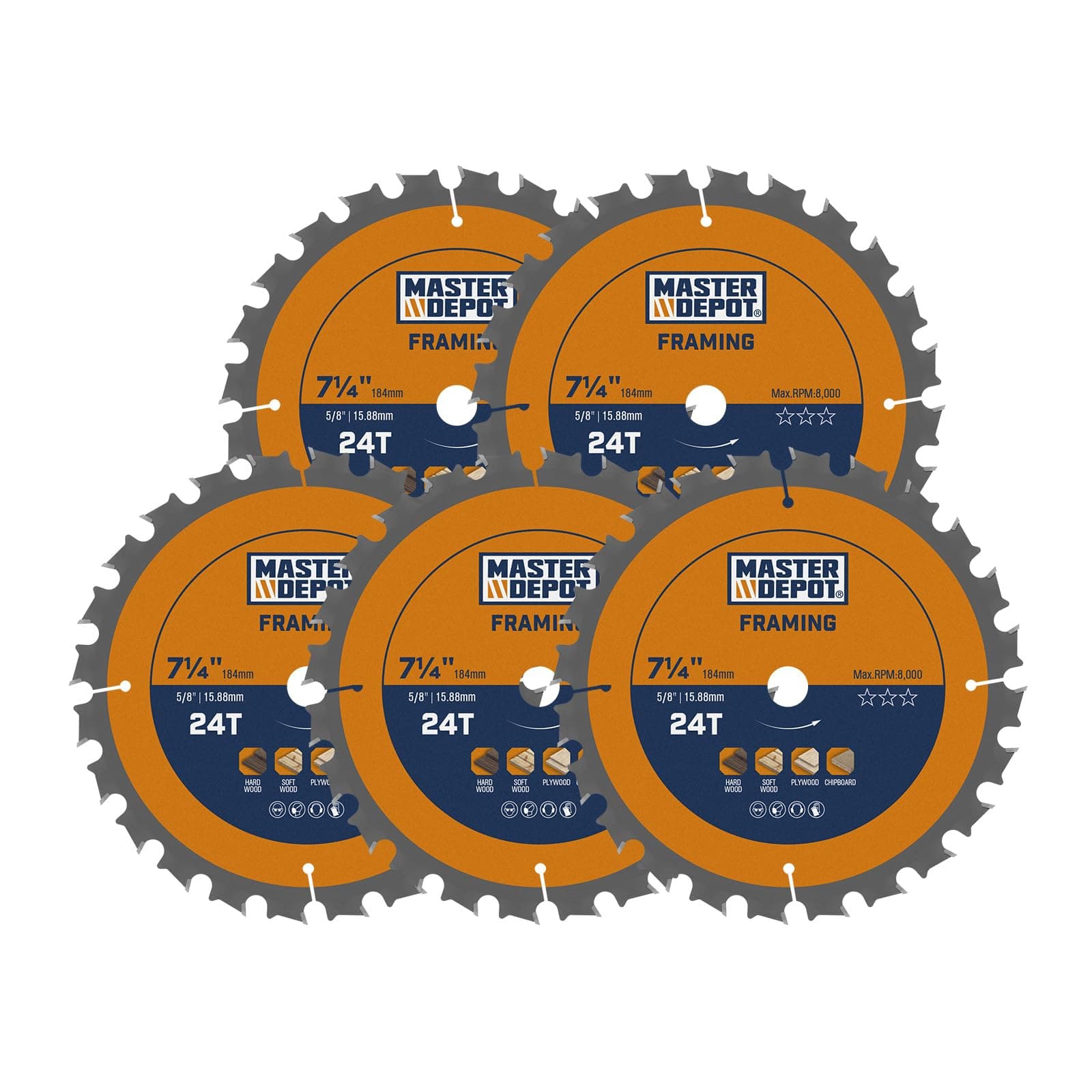 MASTER DEPOT Saw Blade for Wood, 7-1/4 Inch Diameter 24 ATB Teeth, Carbide Tipped Teeth, Table Saw Blade for Hardwood, Softwood, Plywood and Chipboard, 5 Pack
