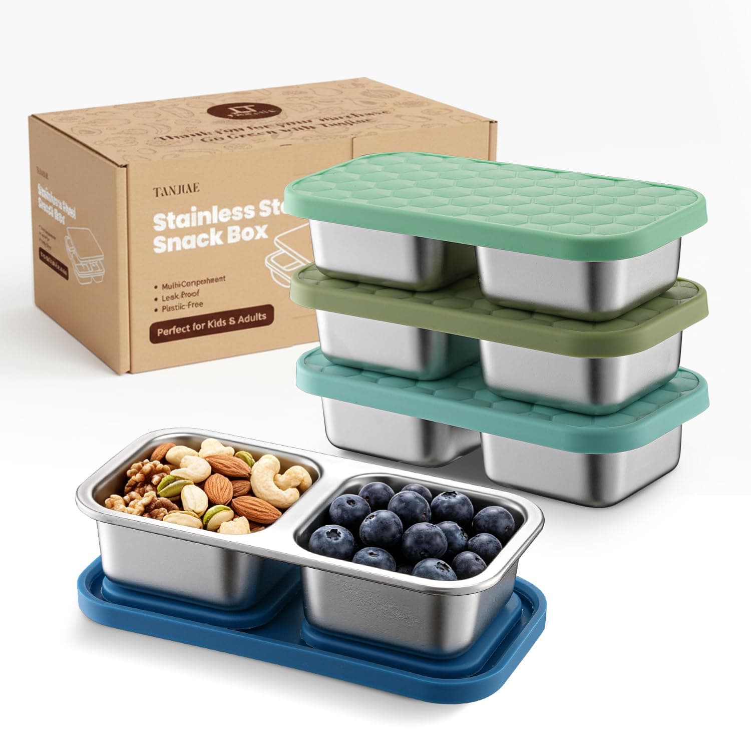 Tanjiae 4 Pack 300ml Stainless Steel Snack Box for Kids & Toddlers, 2-Compartment Small Leak Proof Food Containers with Silicone Lids - Reusable Metal Bento Box for Daycare, School, Travel, Camping
