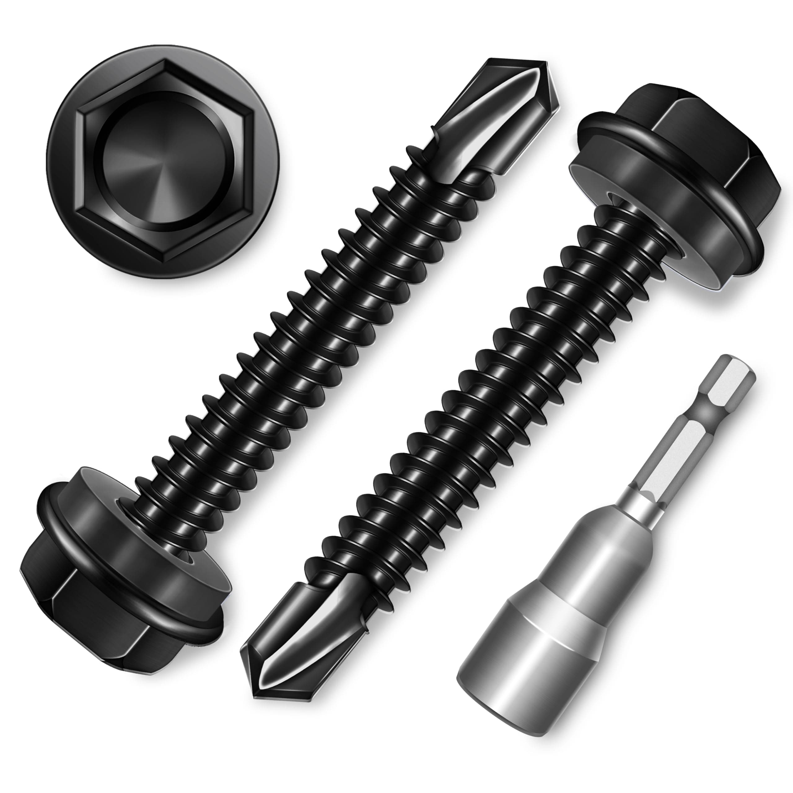EASTPUK 50Pcs #12 x 1-1/2" Sheet Metal Screws, 410 Stainless Steel Self Drilling Hex Head Black Self Tapping Screws for Metal with Drill Bit
