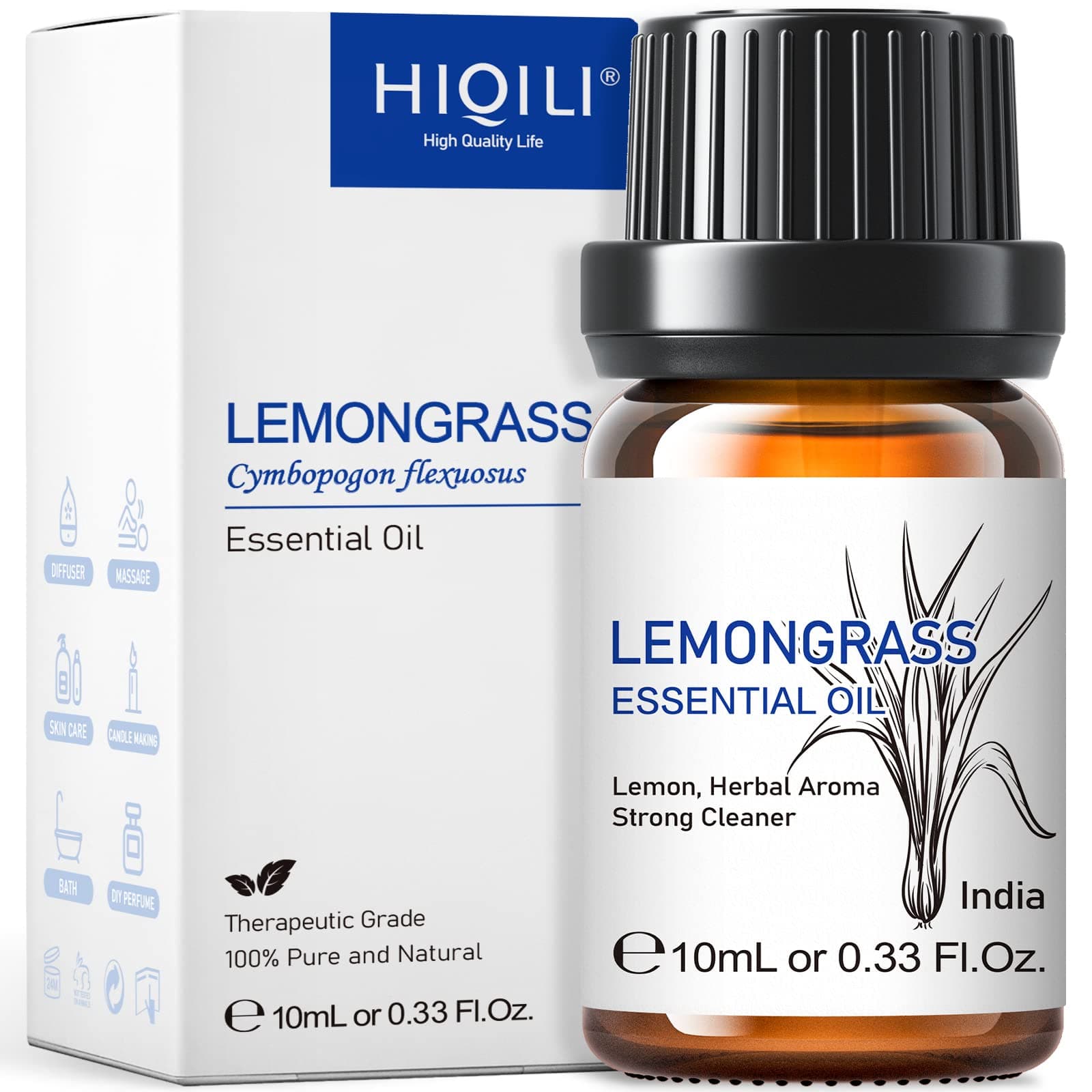 HIQILI Lemongrass Essential Oil for Aromatherapy, Diffuser & Skin Care