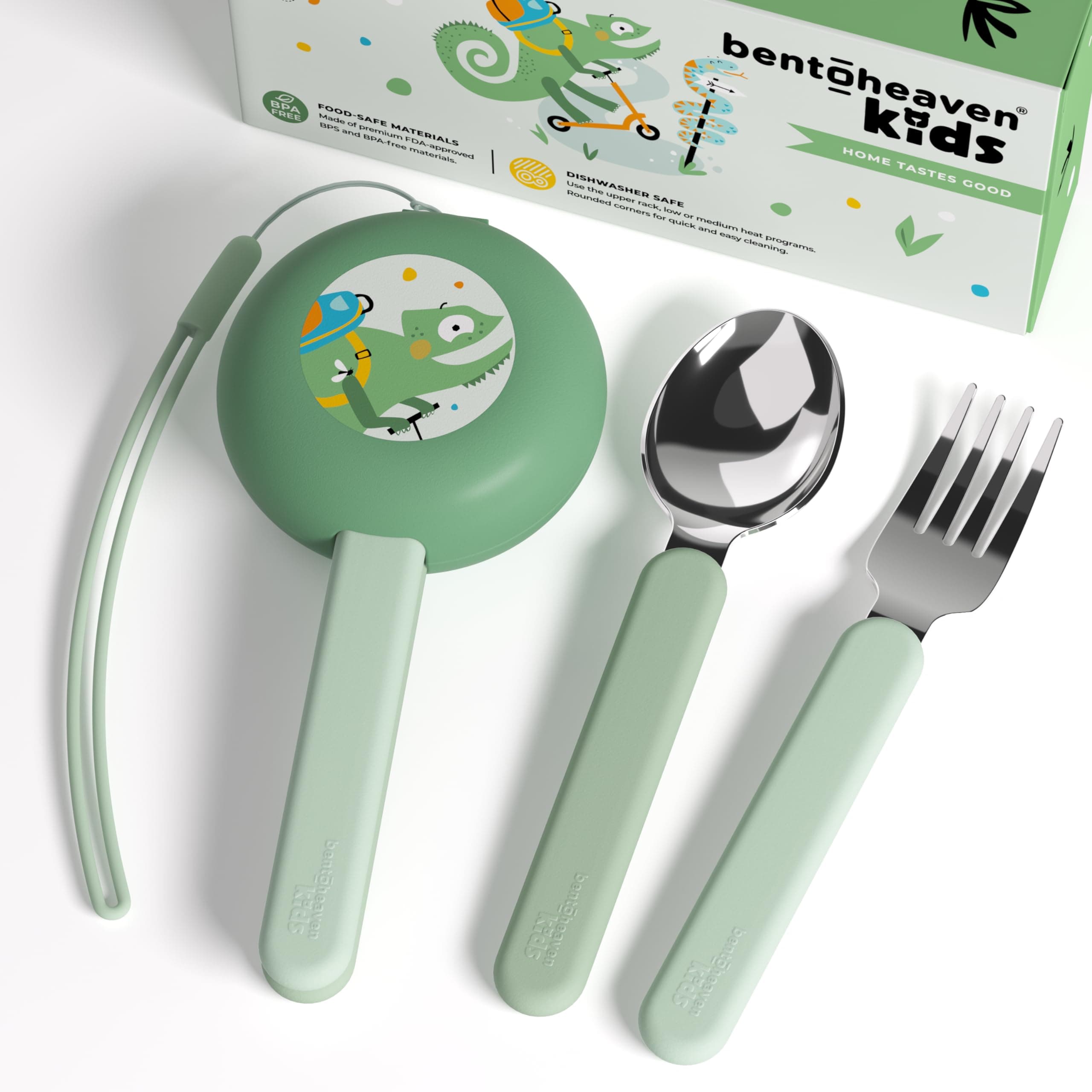 Bentoheaven Kids Utensils Set with Case, Reusable Fork & Spoon, Chameleon