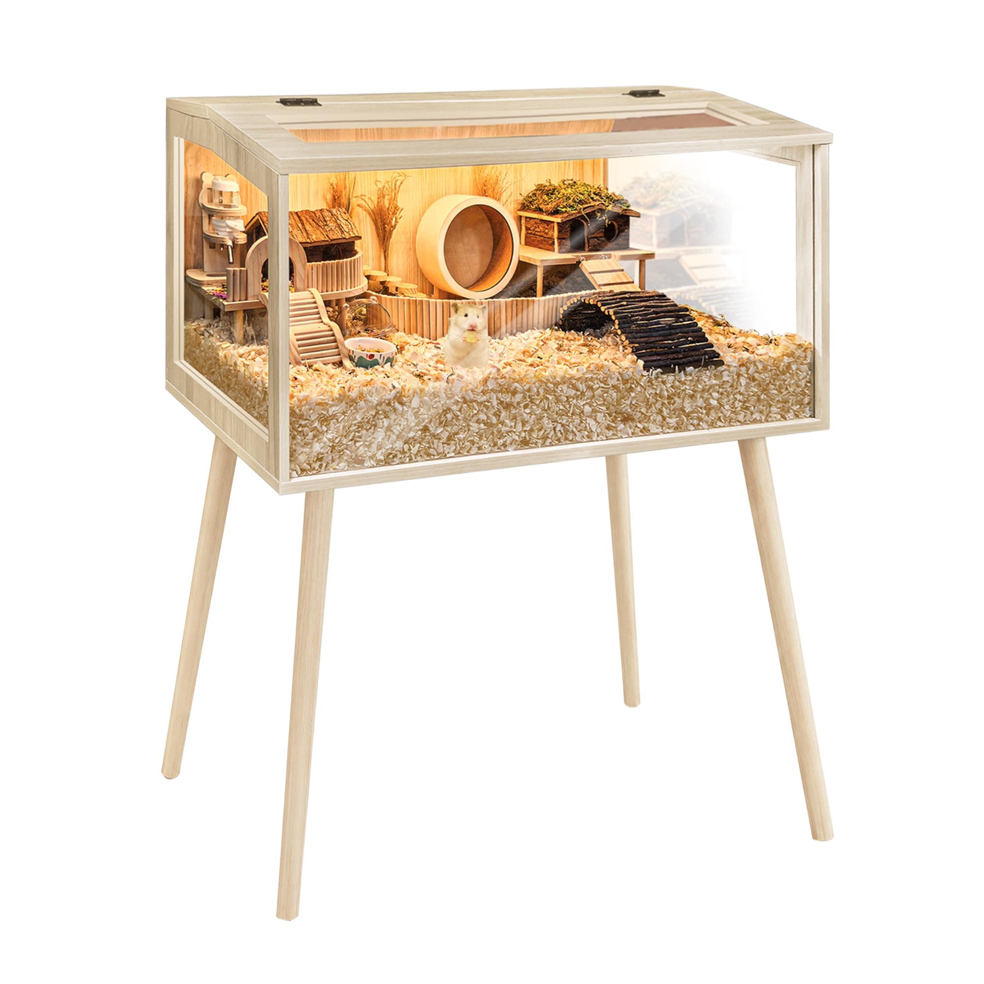 PROLEE Hamster Cage Wooden Chew Proof, Extra Large Mice and Rat Habitat Openable Top with Acrylic Sheets Solid Built Small Animal Cage with Leg Stands, 40 Inch Long