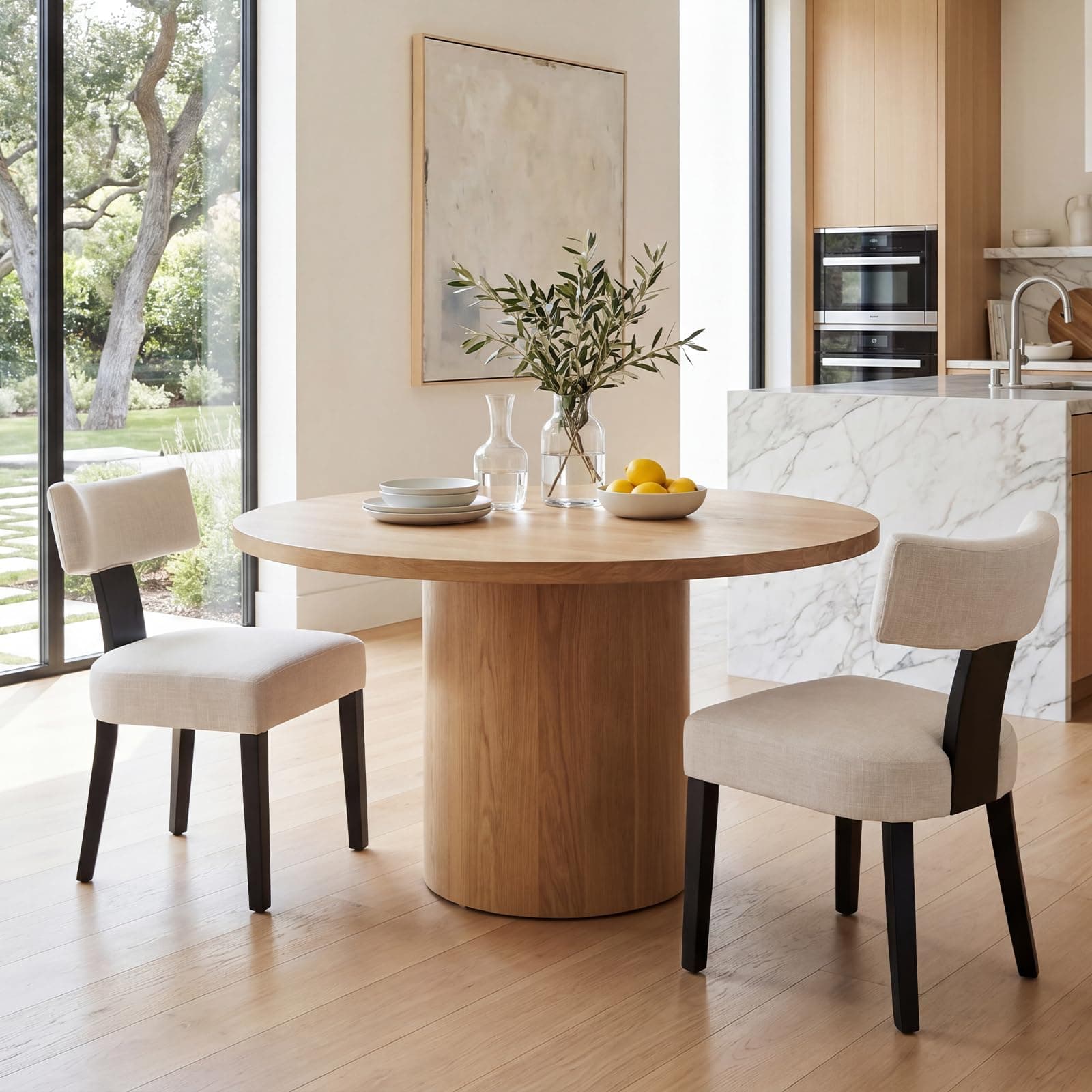 RIVOVA Linen Dining Chairs Set of 2 Modern Dining Chair with Black Wood Legs, Upholstered Dining Chairs for Dining Room, Kitchen, Vanity, Living Room, Beige