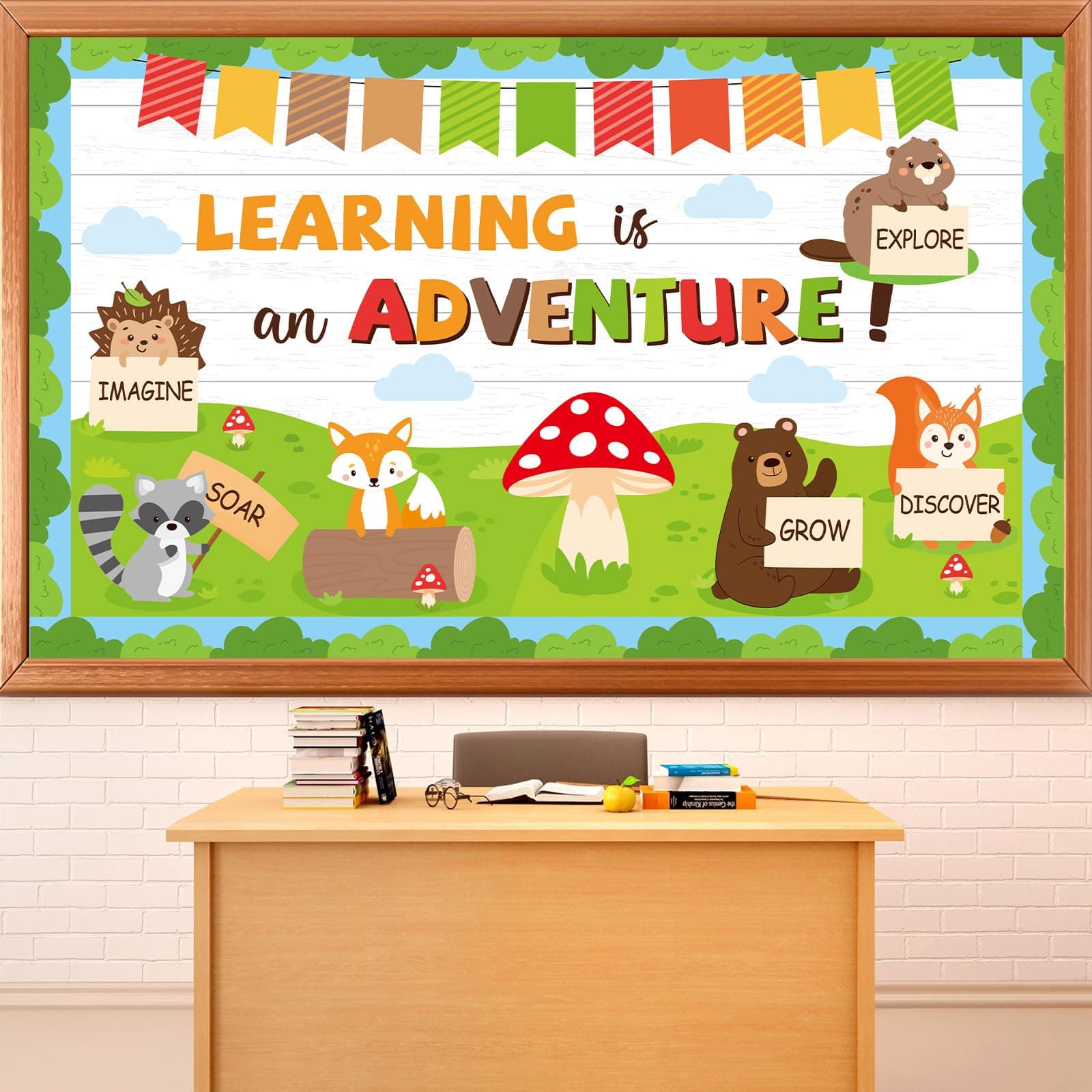 Woodland Bulletin Board Set Jungle Forest Classroom Decorations Fall Learning is an Adventure Paper Cutouts Motivational Safari Animal Fall Bulletin Board for Nursery Chalkboard Wall Door Decor