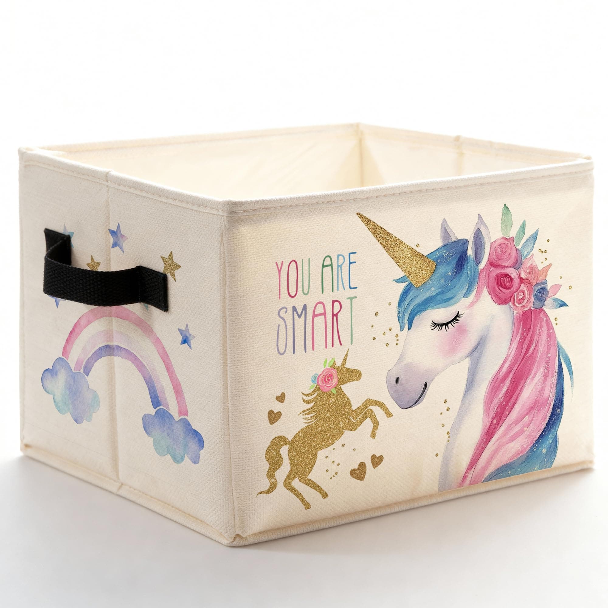 Fyecoluo Boho Rainbow Inspirational Horse Storage Bins Box with Handles, Pastel Cloud Floral Horse Foldable Basket Box for Girls Room Nursery Playroom Bedroom Bathroom Clothes Books