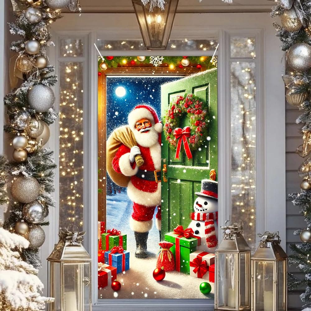 Christmas Door Cover, Santa & Snowflakes Design, 35.4in x 70.9in - Winter Holiday Door Decor