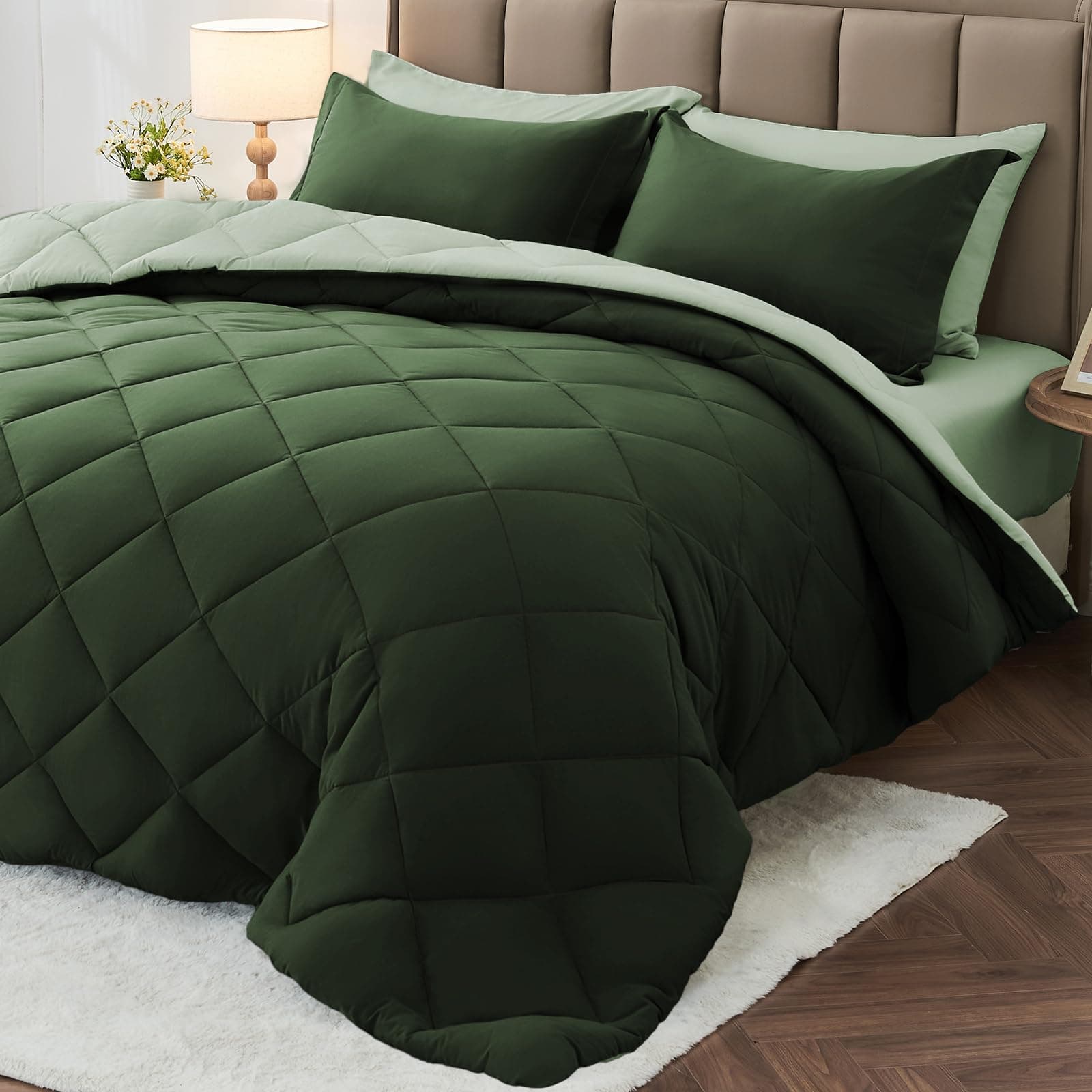 MUXHOMO 7 Pieces Queen Comforter Set, Reversible Bed in a Bag Queen Size, All Season Queen Bedding Set with Comforter, Flat Sheet, Fitted Sheet, Pillowcases & Shams, Dark Green & Light Green
