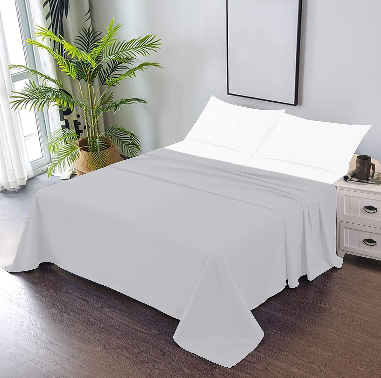 Kamas 1PC Oversize Flat/Top Sheet 100% Egyptian Cotton Fabric 1000 TC Sateen Weave for Soft and Silky Feel, Fit Perfectly Large and Heavy Bed (Silver, Twin XL)