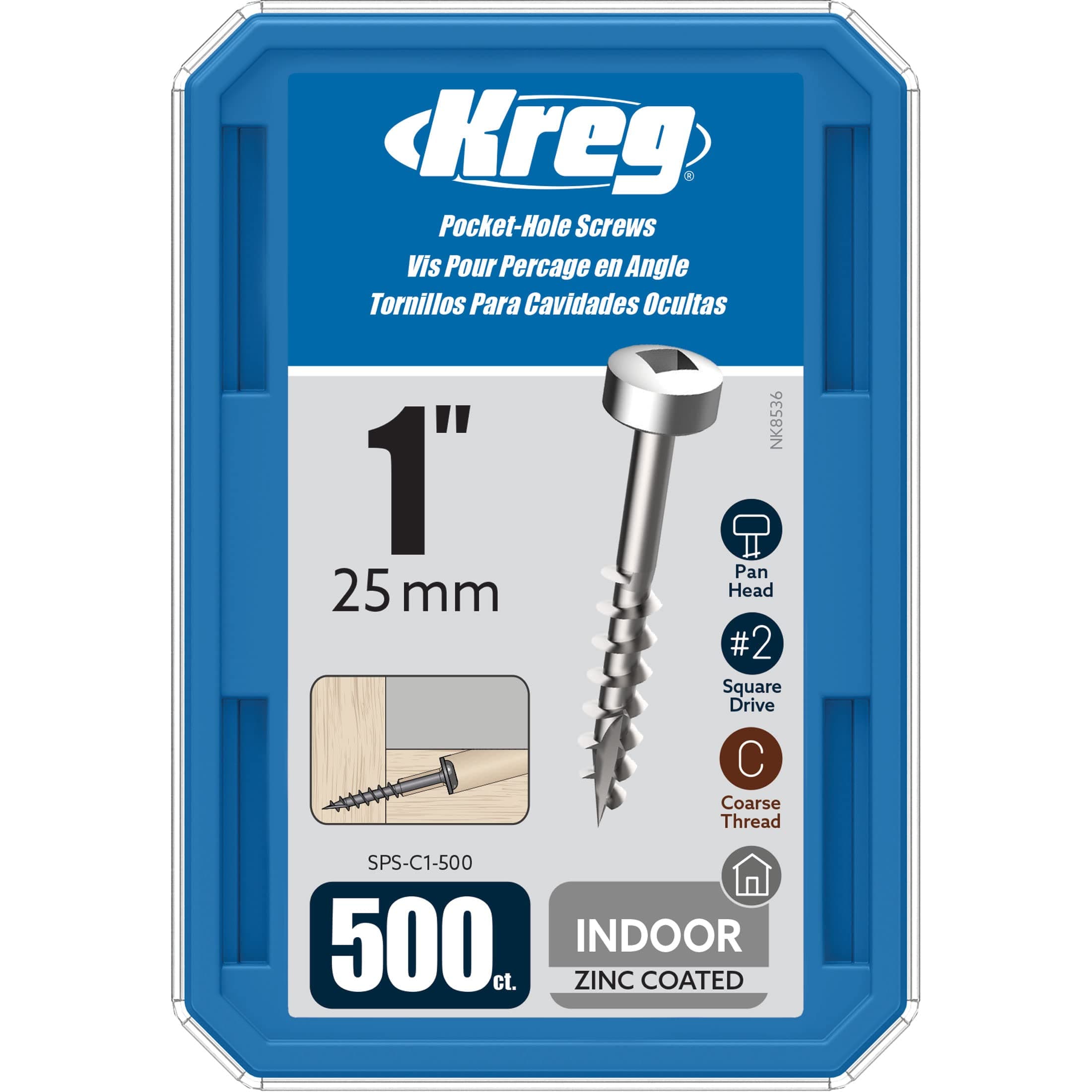 Kreg Zinc Pocket-Hole Screws - SPS-C1-500 - 1-Inch - Coarse Thread - Pan Head - Indoor - 500 Count