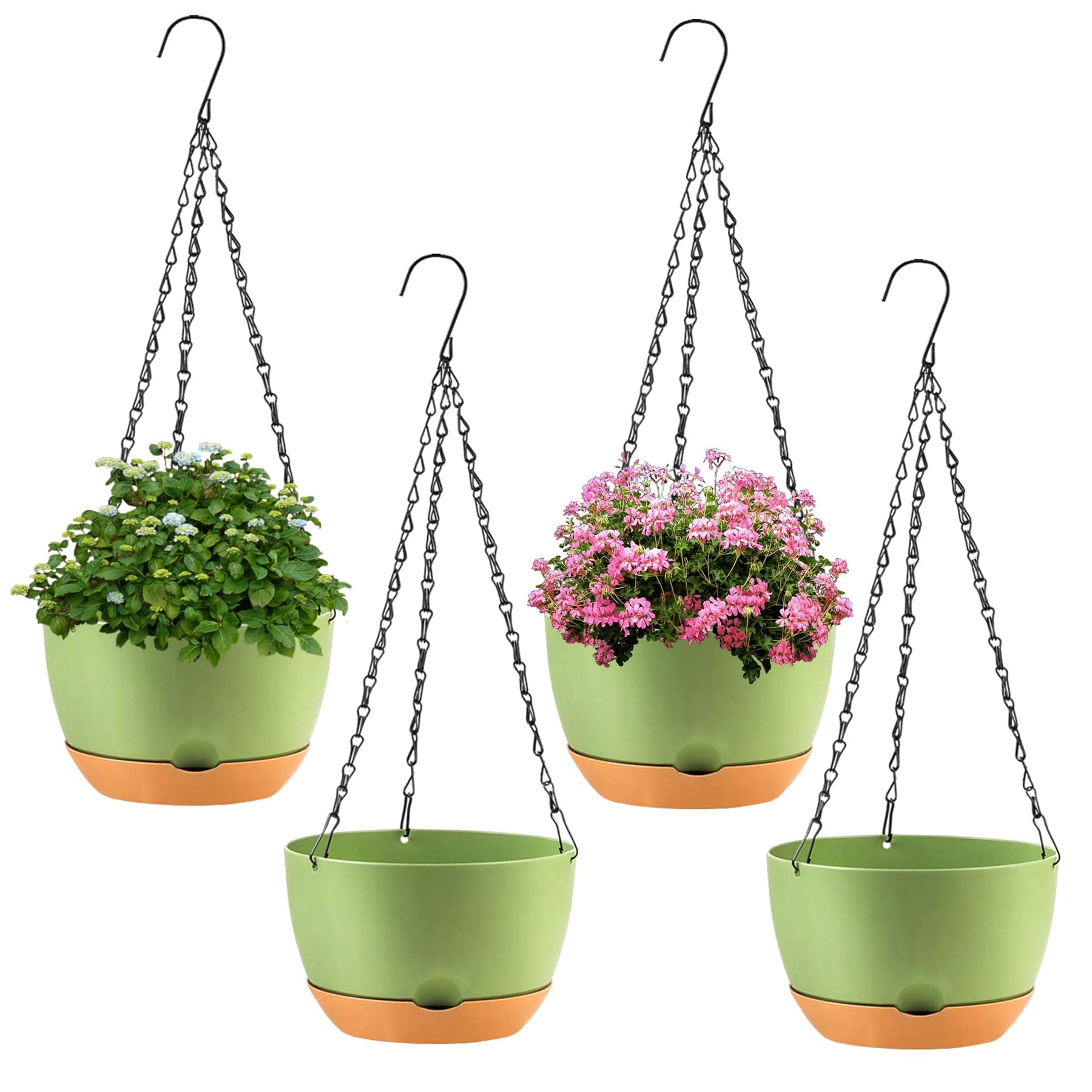 4 Pack Plastic Hanging planters for Indoor Plants,8 Inch Plant Pot Indoor Outdoor Hanging Baskets,Hanging Flower Pots with Drainage Holes and Chain for Garden Porch Plants (Green)