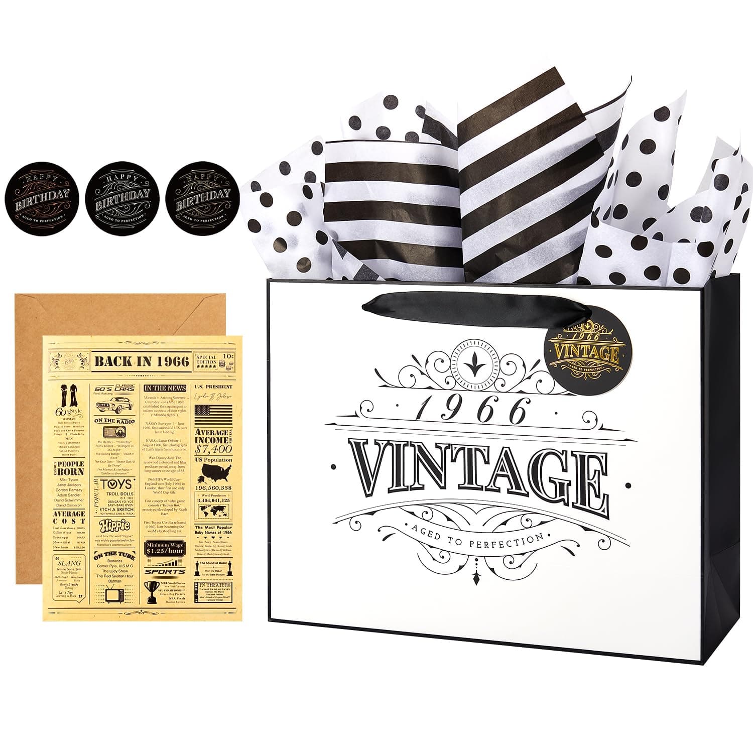 Crisky 13" 60th Birthday Gift Bag (Vintage 1966) with Greeting Card