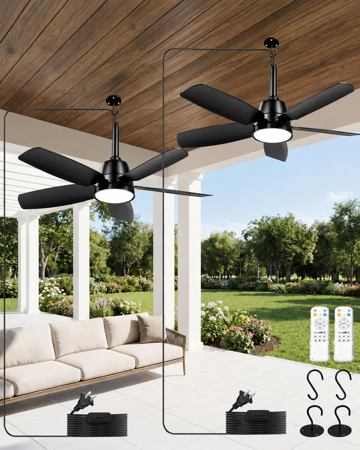 NWOP 28'' Outdoor Ceiling Fans with Lights and Remote, 5 Leaves LED Gazebo Hanging Fan with Hook, 3CCT 3000K-6500K Dimmable Gazebo Fan, 6-Speed Quiet Ceiling Fan with Timer for Patio, Porch,2-Black