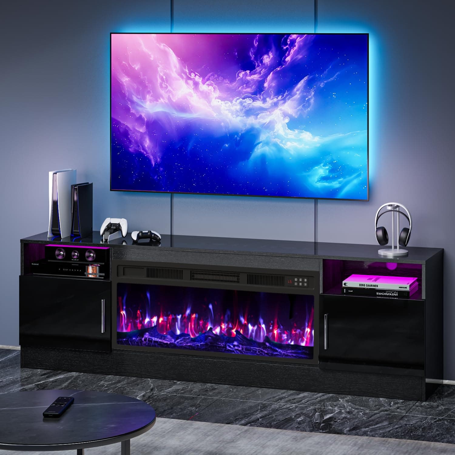 VENDORZ TV Stand with Fireplace, 36" Fireplace TV Stand LED Entertainment Center with Fireplace, 70 Inch Modern Electric Fireplace TV Stand for Living Room, Black TV Stand with Fireplace Up to 80" TVs